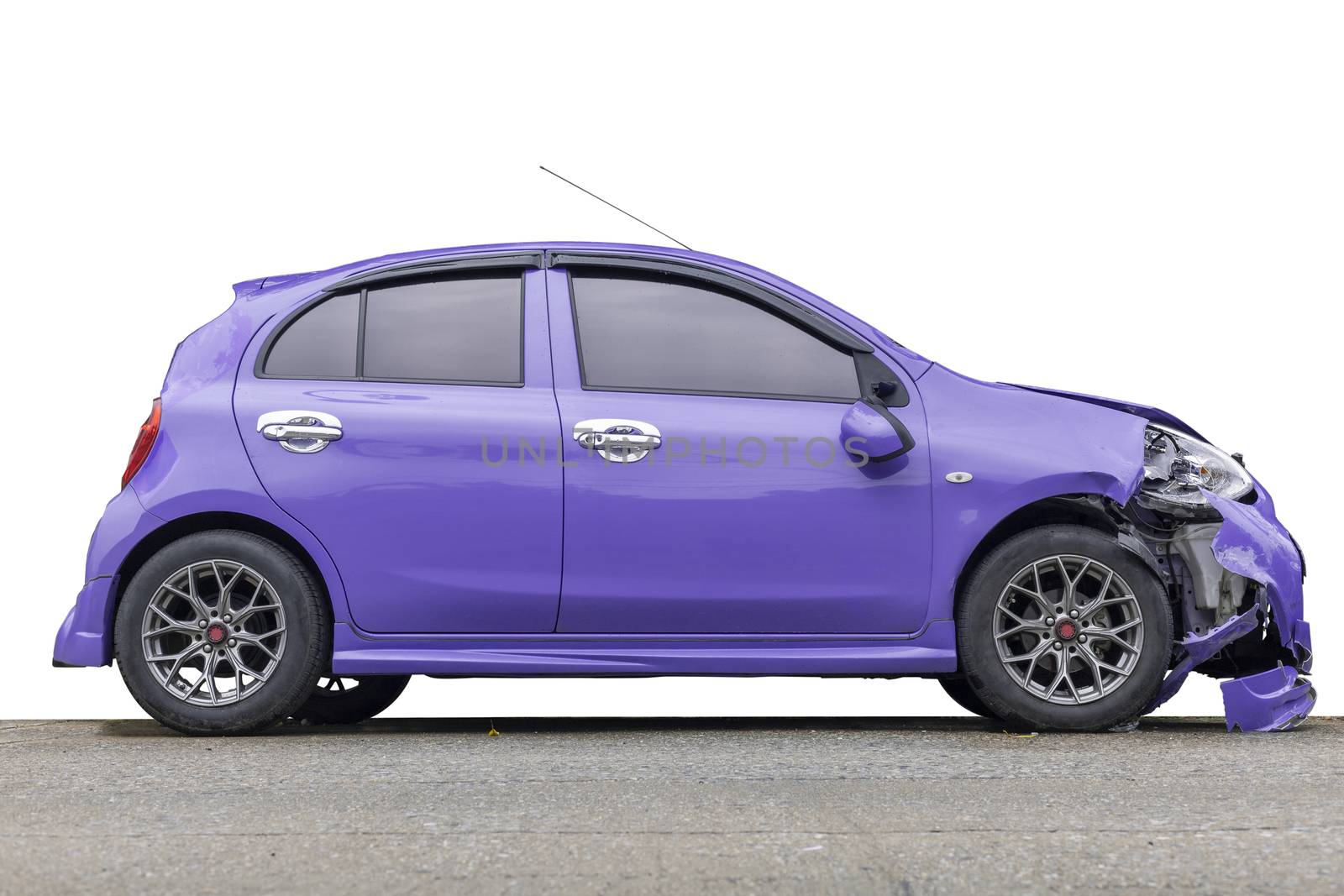 Purple color car big damaged and broken by accident on city street parking can not drive any more. Save with clipping path.