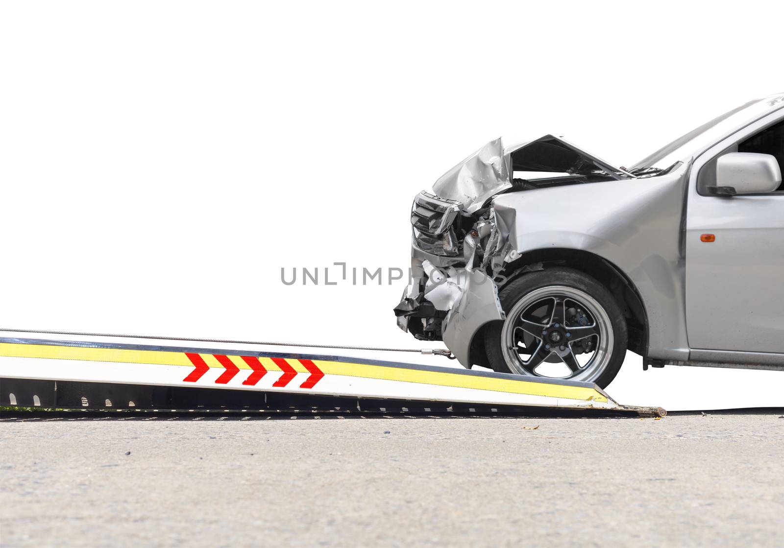 accident Car Slide on  truck for move. Gray car have damage by accident on road take with slide truck move . Isolate on white background.
