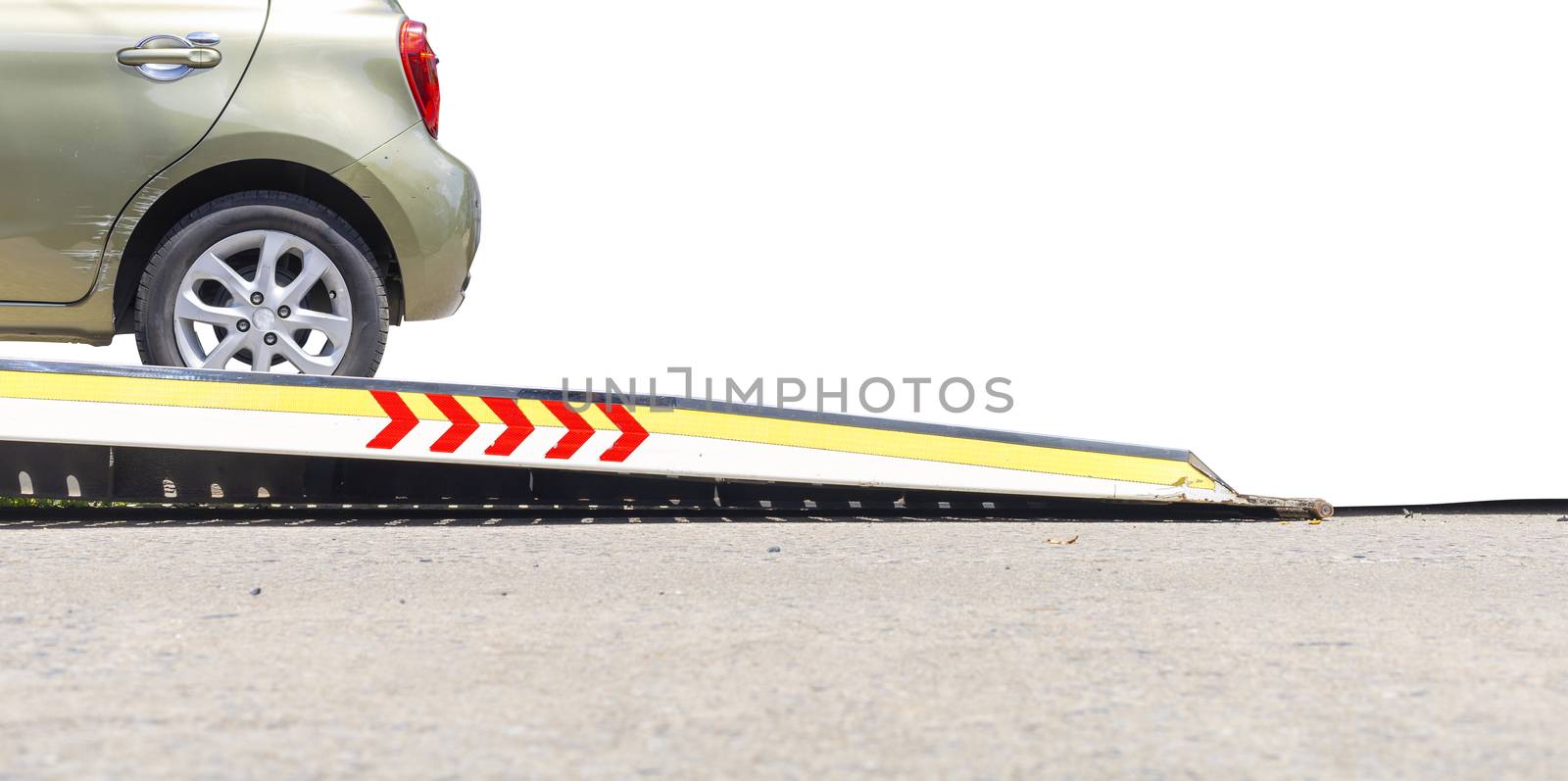 accident Car Slide on  truck for move. Green car have damage by accident on road take with slide truck move . Isolate on white background.