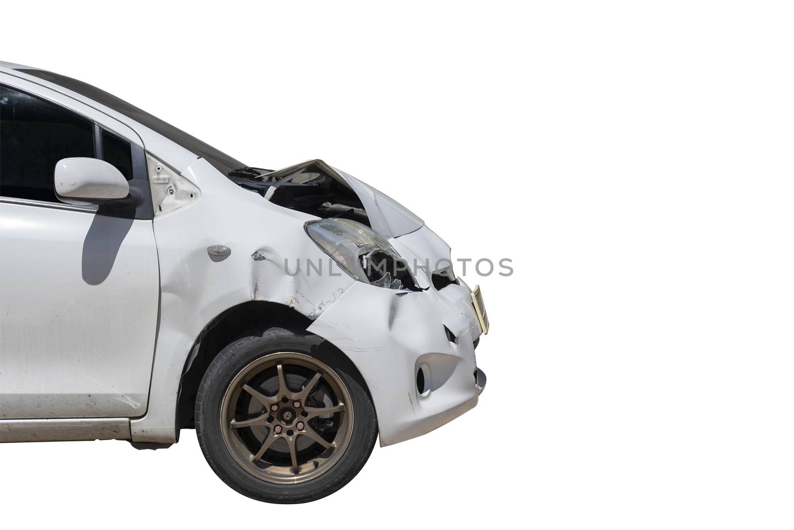 Front of white color car big damaged and broken by accident on city street parking can not drive any more. isolated on white background. Save with clipping path