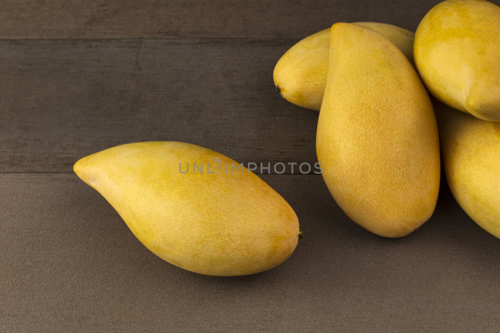 Yellow Fresh mangos real wood table. Mango tropical fruit on wood background. mangos with copy space for text or design.