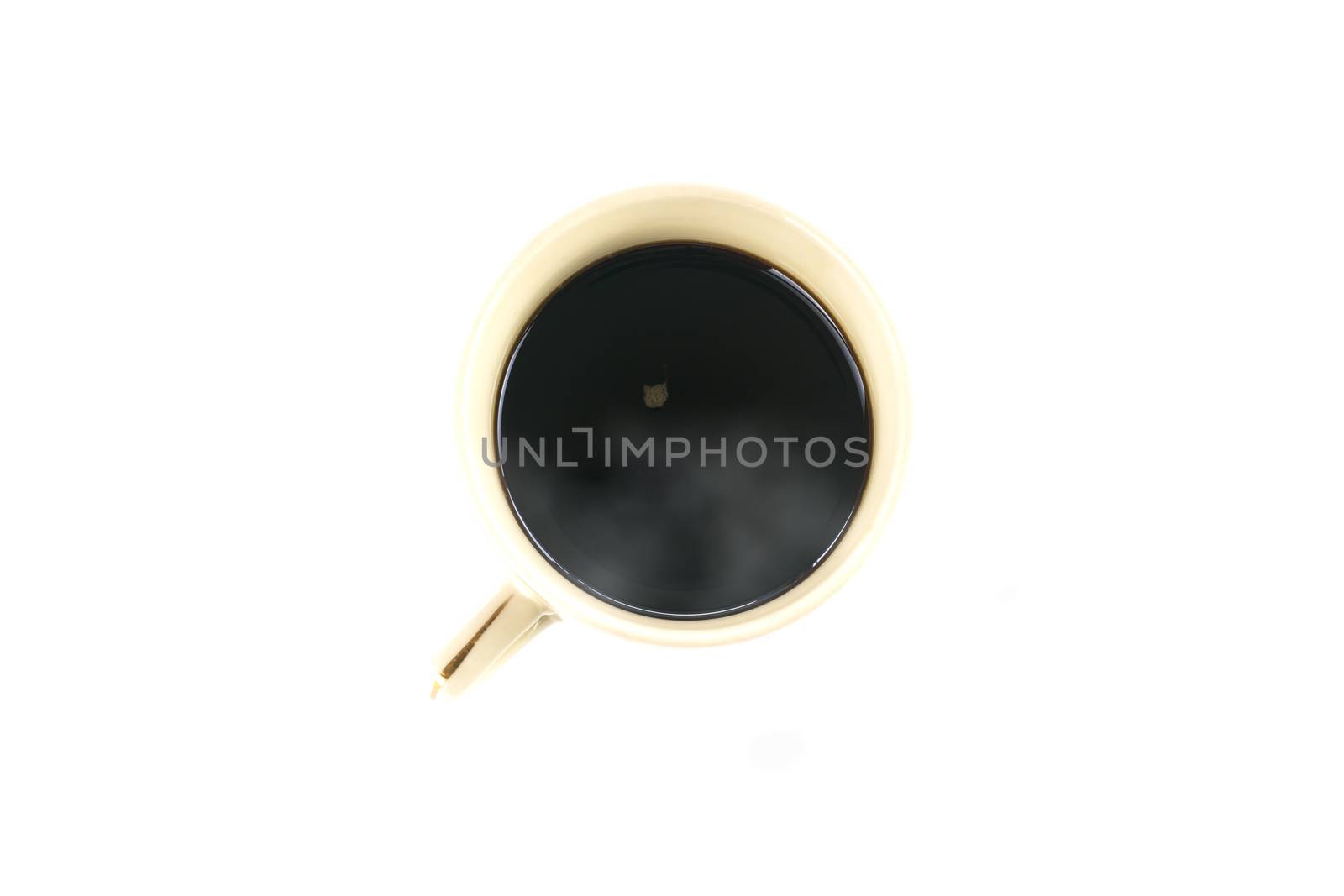 Top view black coffee cup isolated on white background. Close up top view coffee in handle cup with copy space. Hot black coffee with smoke.