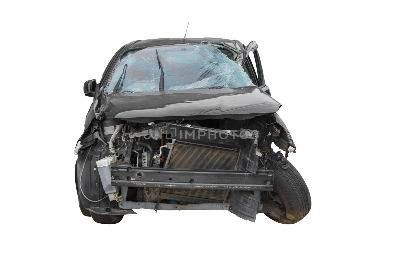 Front of black color car get big damage by accident on road. Isolated on white background. Car crash. Car clash. 