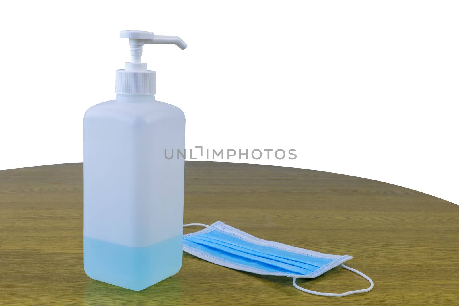 Coronavirus Covid-19 concept face mask with alcohol sanitizer gel hand wash on wood table and white background.
