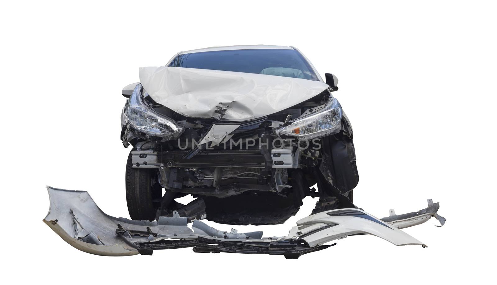 Front of white color car damaged and broken by accident isolated on white background. Save with clipping path. 