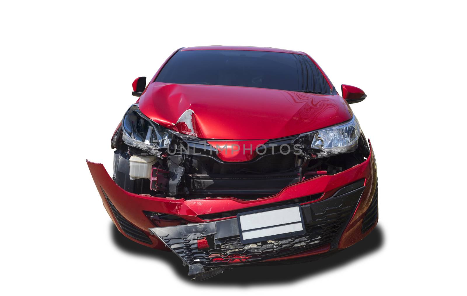 Front of red color car damaged and broken by accident isolated on white background. Save with clipping path. 