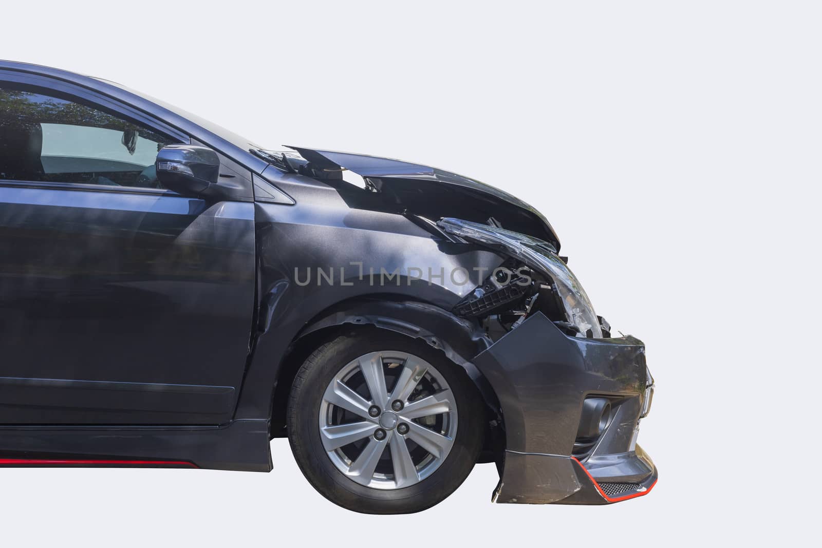 Front of gray color car big damaged and broken by accident. Save with clipping path.