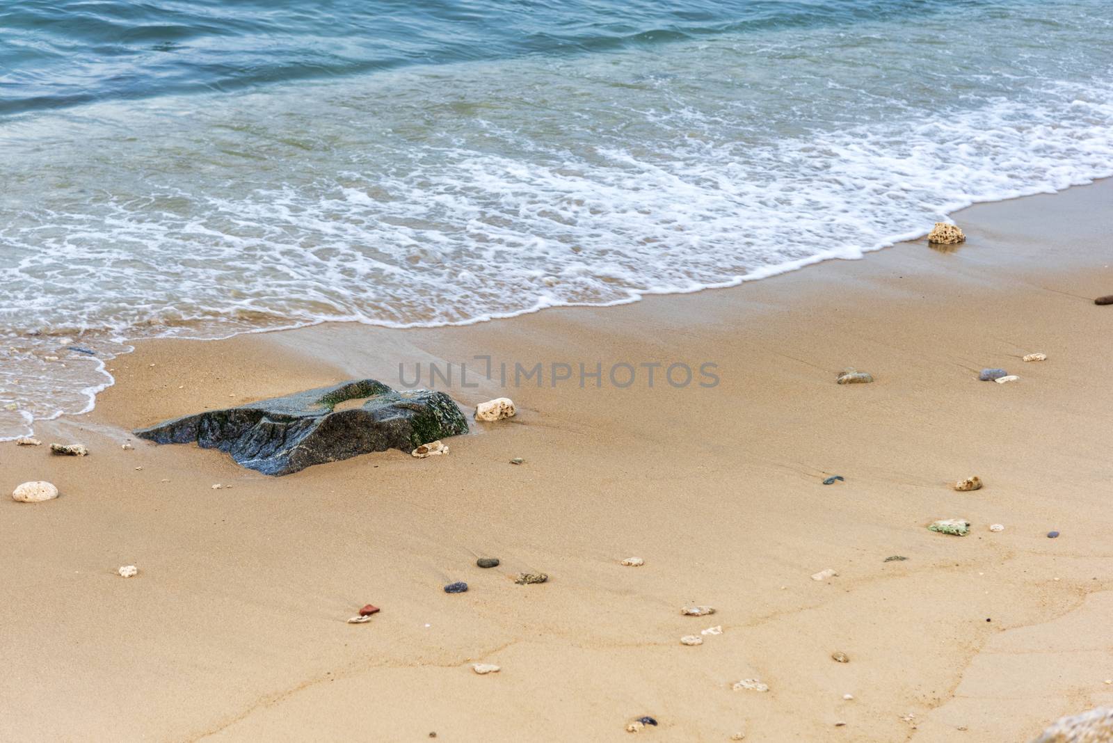 Top view Soft wave from sea come to wet sand beach background. With copy space for text or design