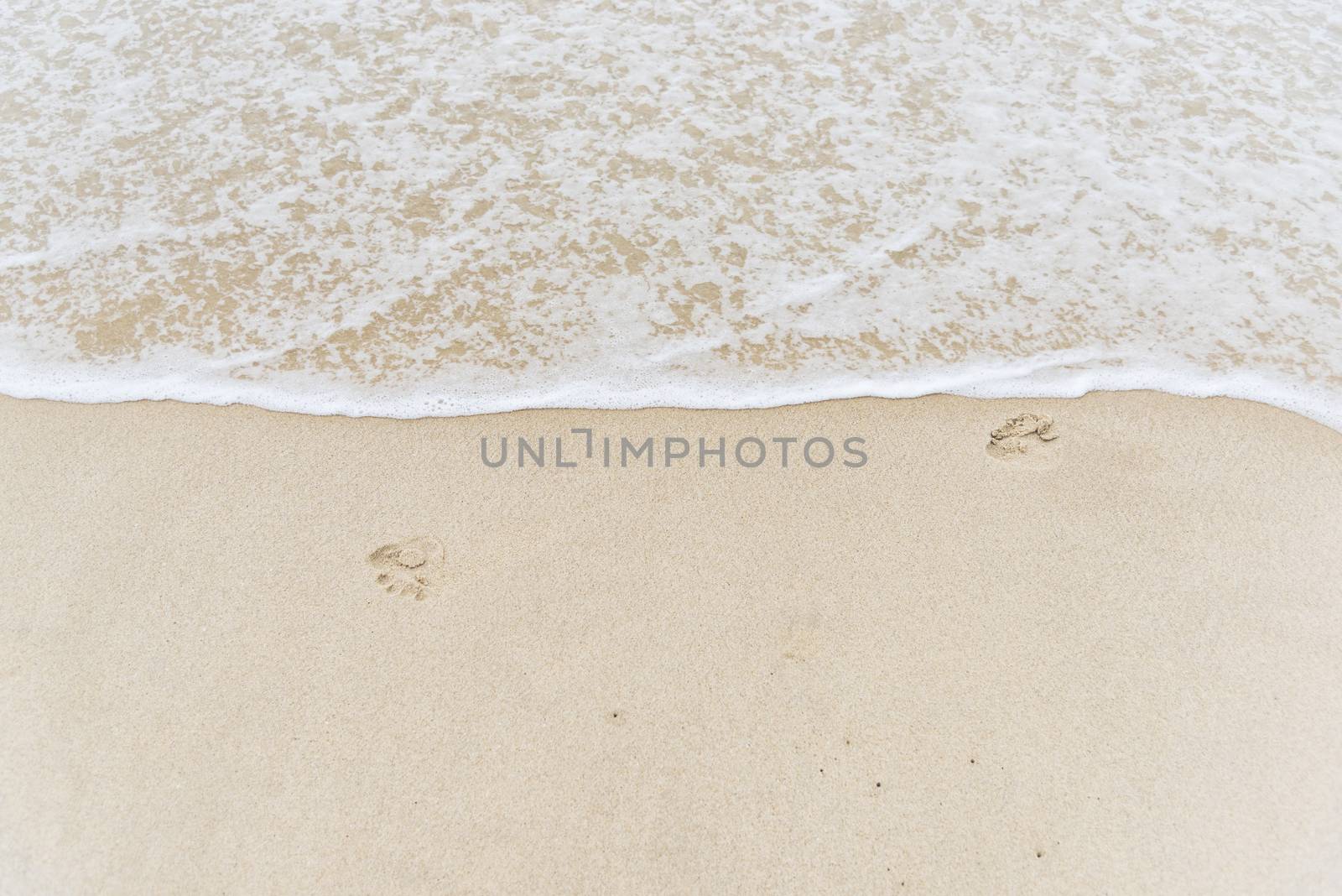 Top view Soft wave from sea come to wet sand beach background. With copy space for text or design