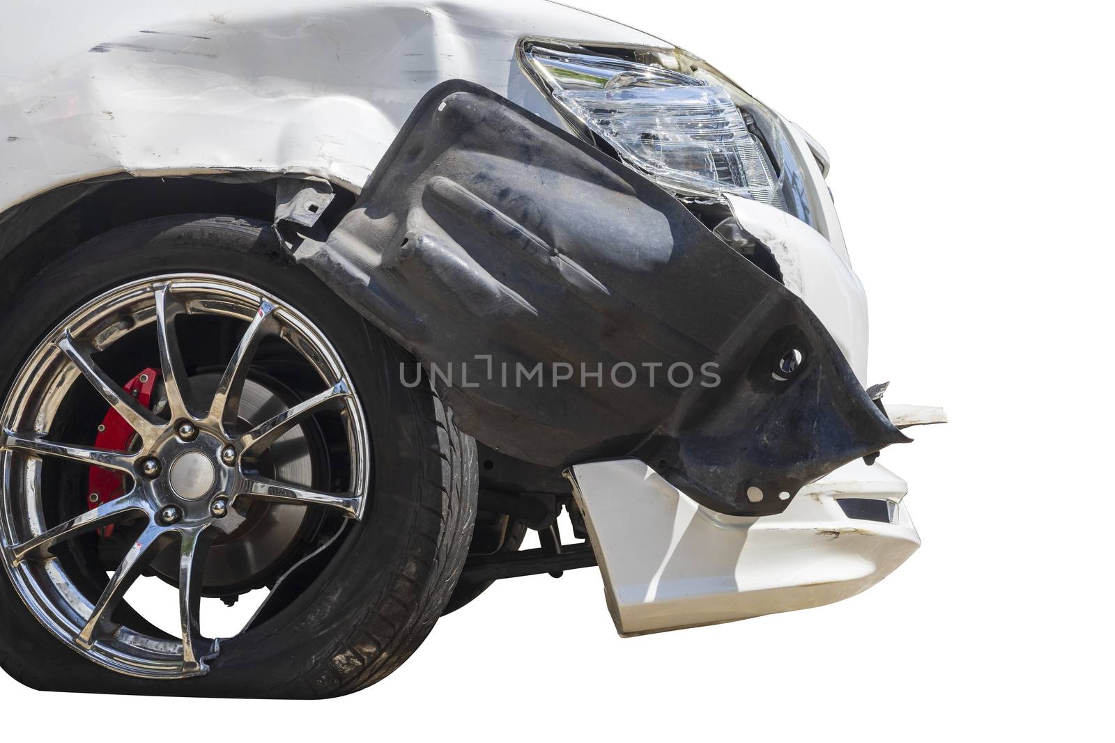 Front of white color car big damaged and broken by accident on city street parking can not drive any more. isolated on white background. Save with clipping path