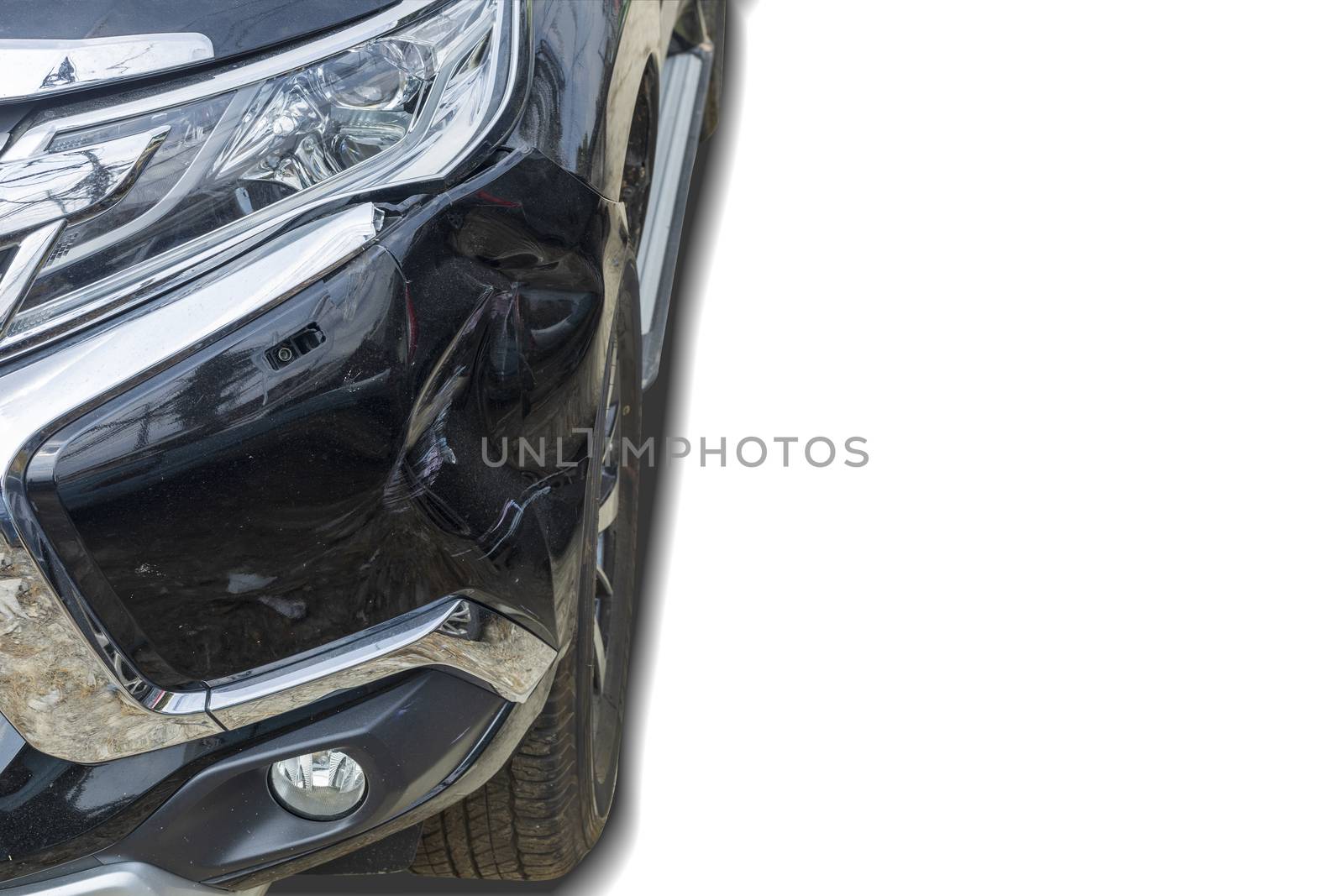 Close up front of black color car damaged and broken by accident isolated on white background. Save with clipping path. 