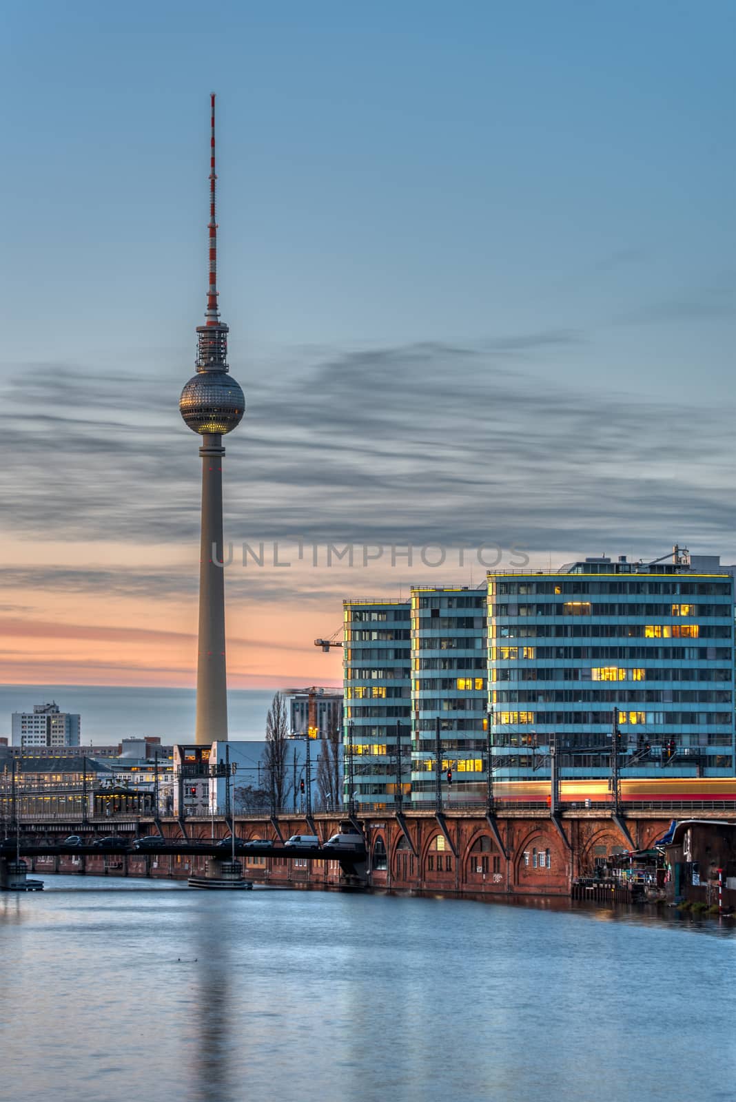 The famous Television Tower and the river Spree in Berlin at twilight