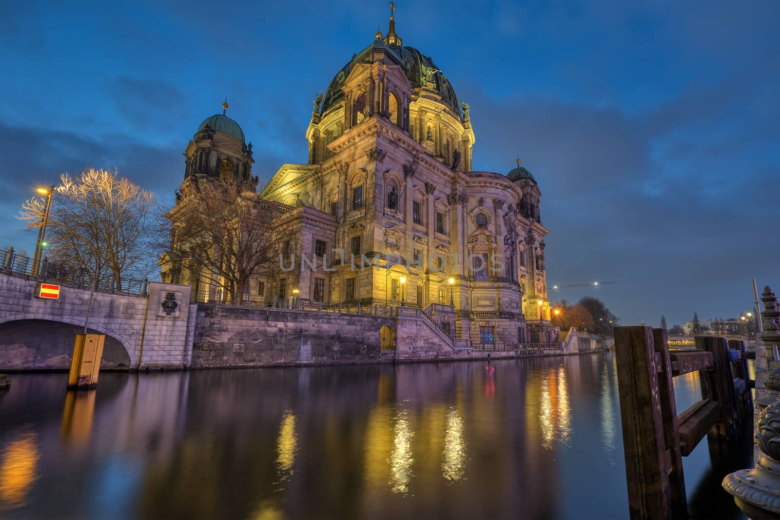 The Berlin Cathedral with the river Spree at dusk