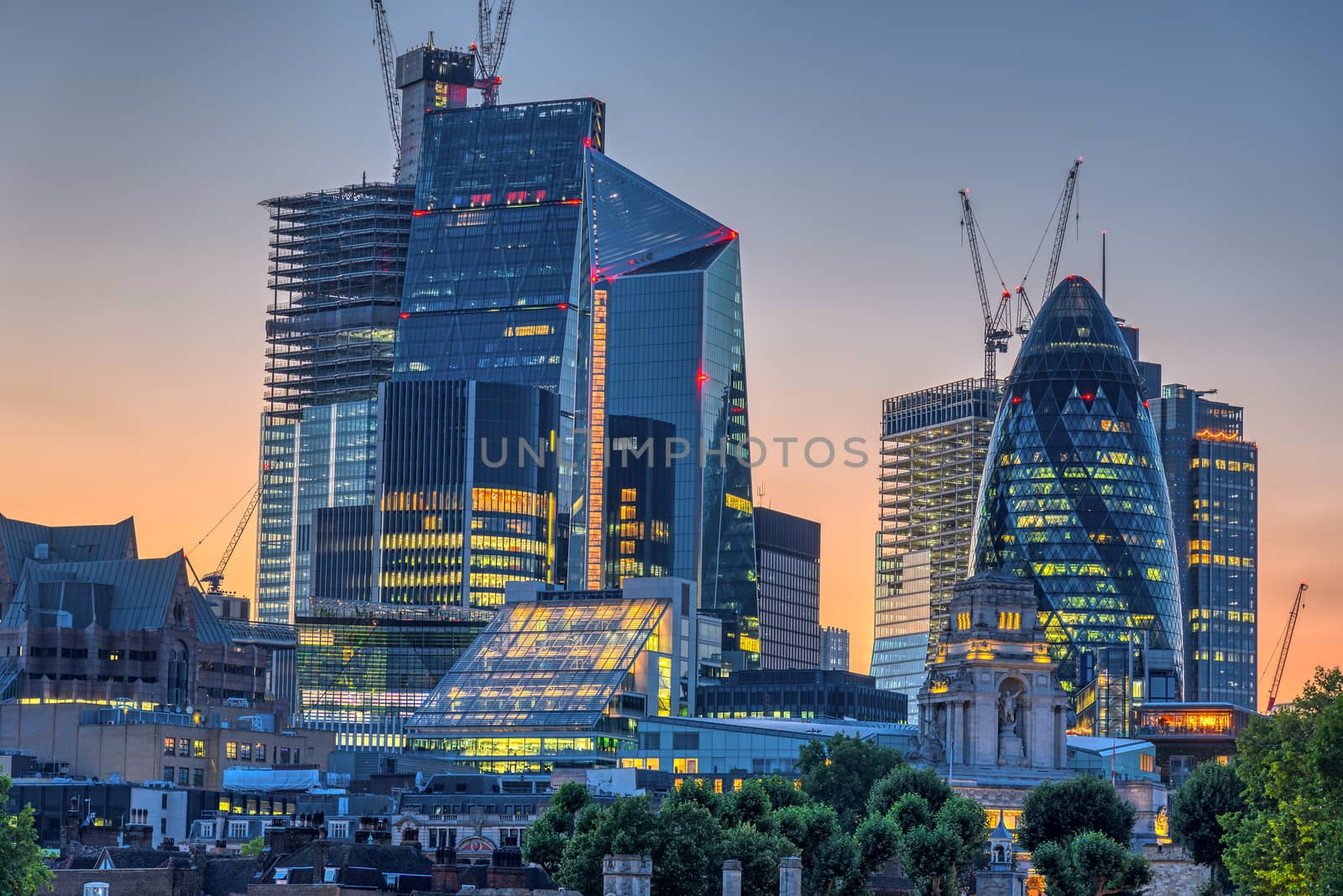 The skyscrapers of the City of London after sunset