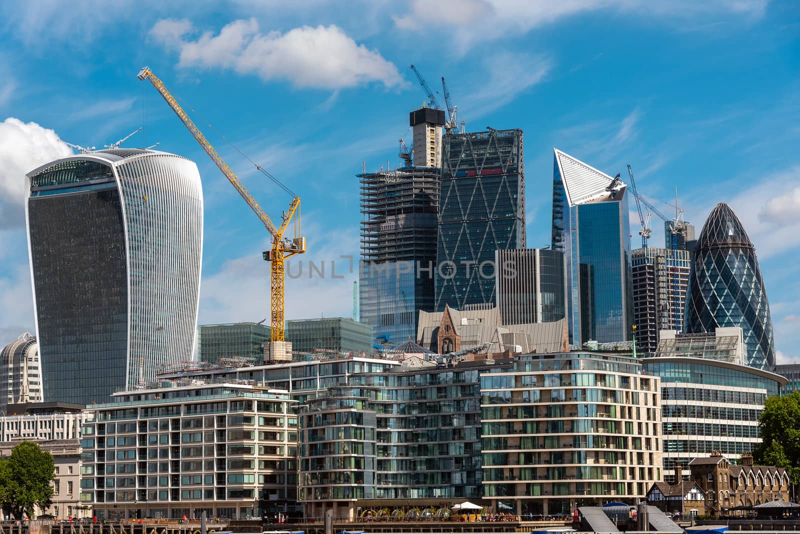 The modern skyscrapers of the City of London on a sunny day