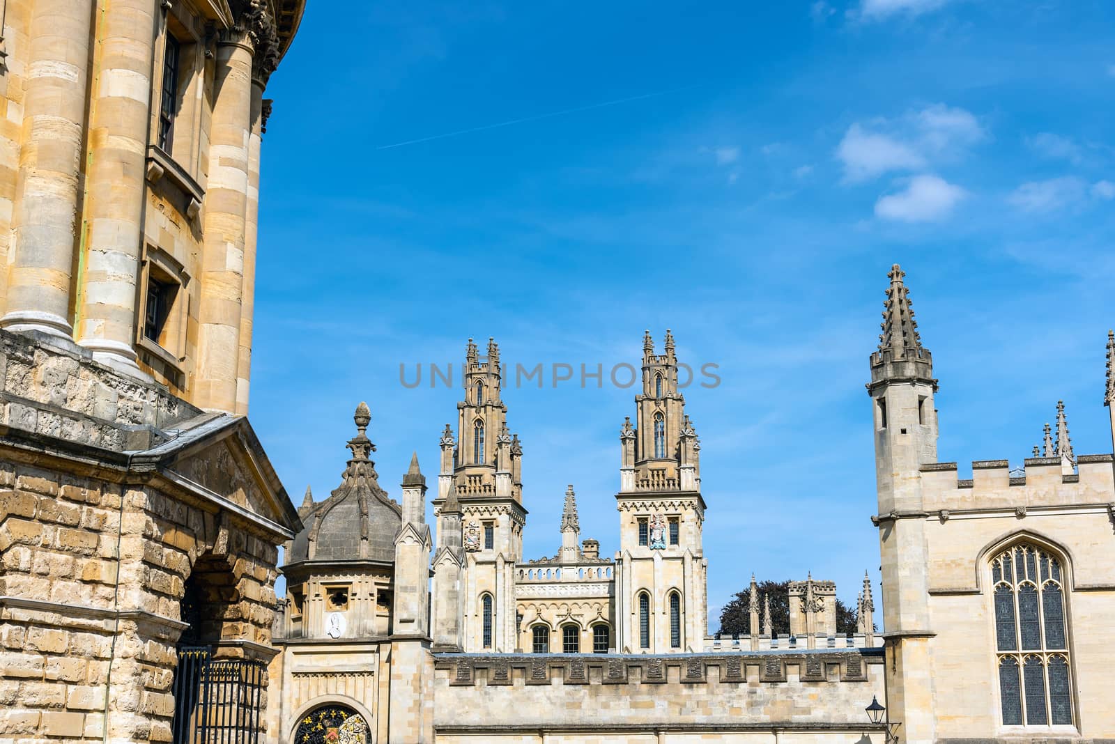 Historic university buildings seen in Oxford, England