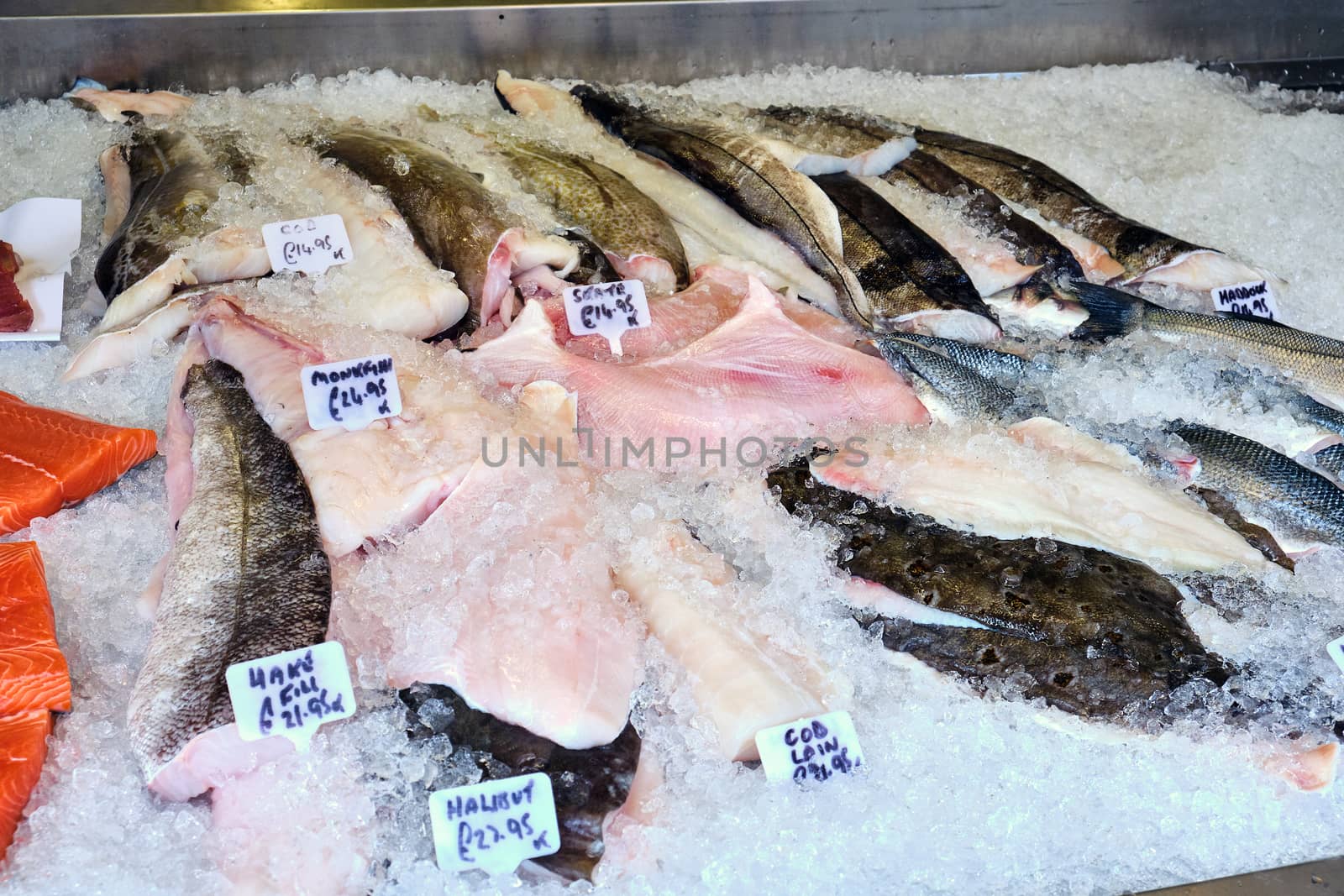 Cod, hake, halibut and other fish for sale at a market