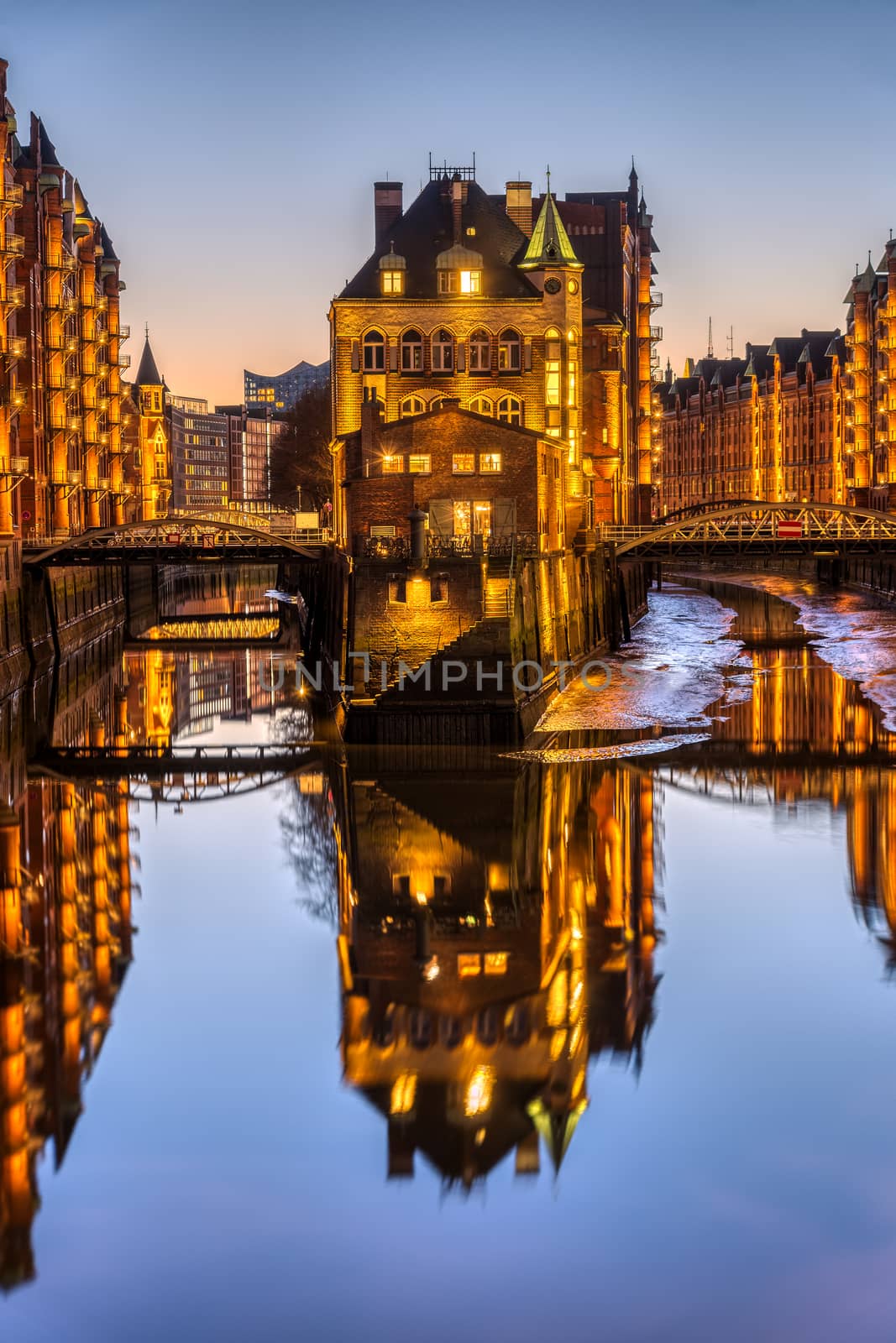 The old Speicherstadt in Hamburg, Germany, at twilight