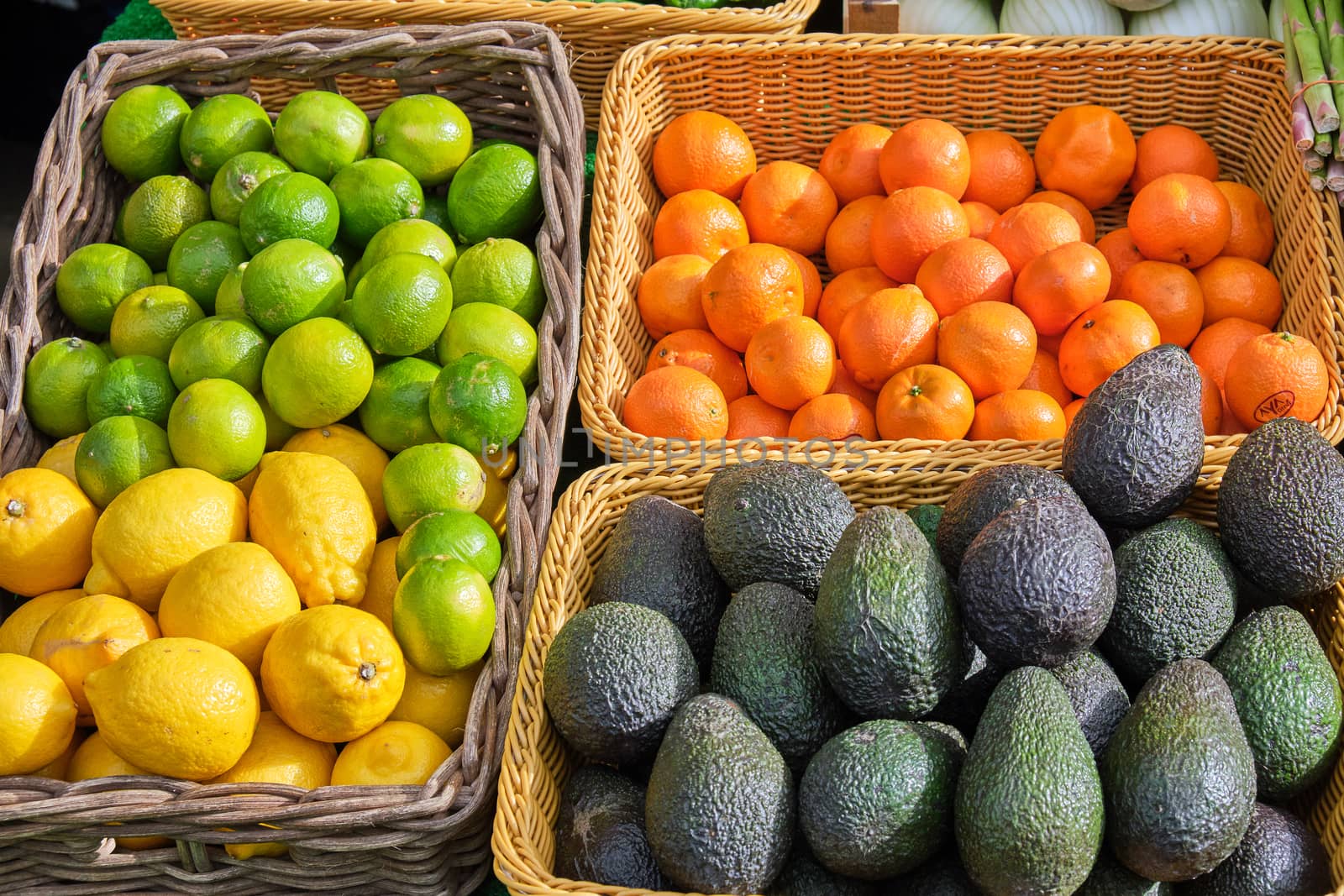 Avocados, lemons, limes and tangerines for sale at a market