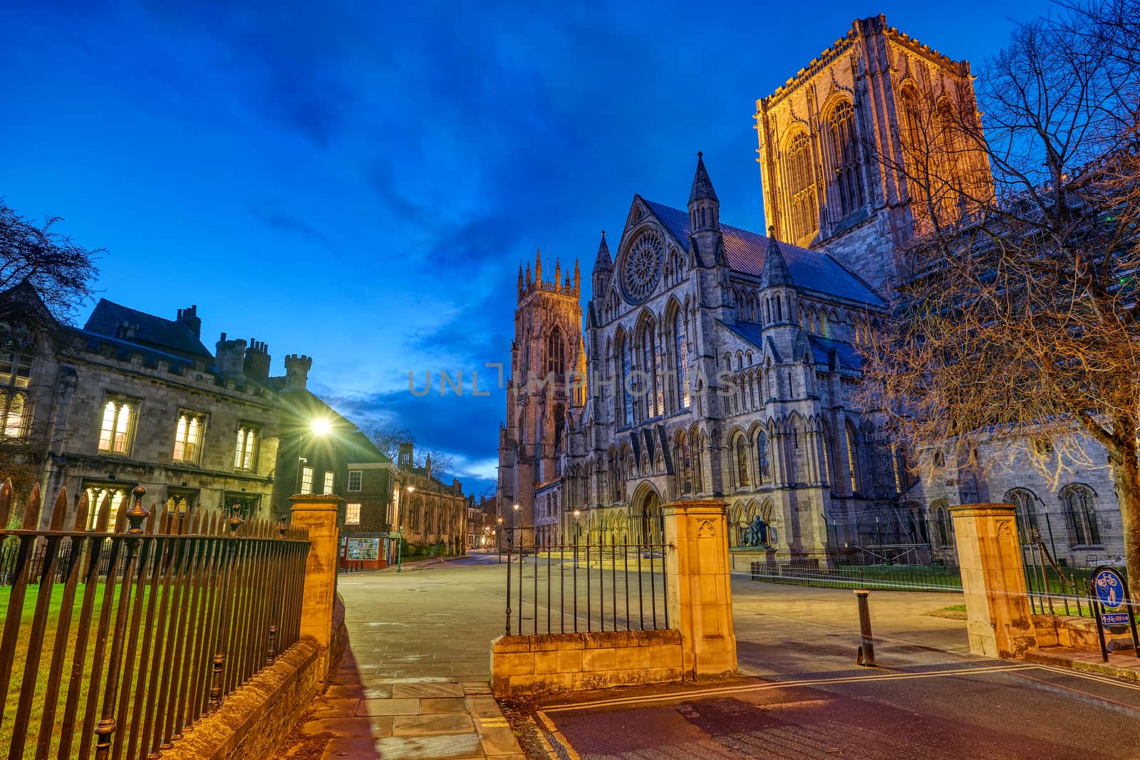 The imposing York Minster in England at night