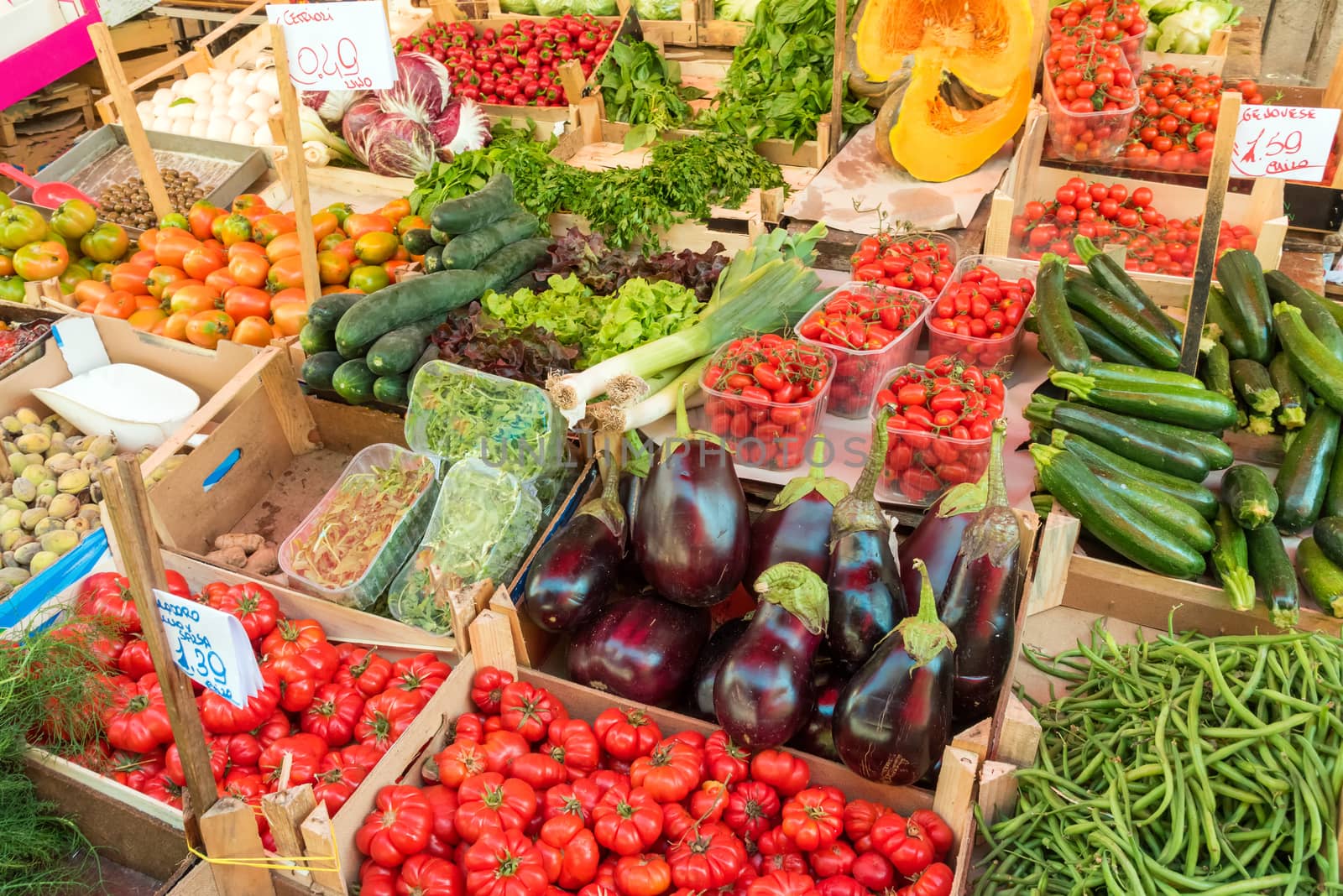 Fresh vegetables and salad for sale at a market in Palermo, Sicily