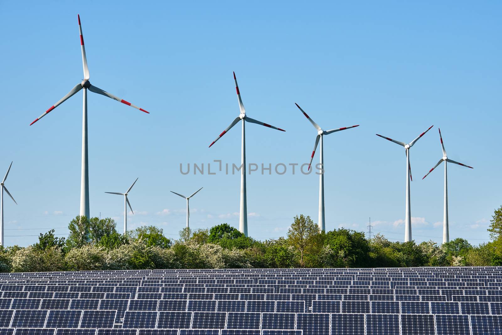 Solar system and wind power turbines seen in Germany