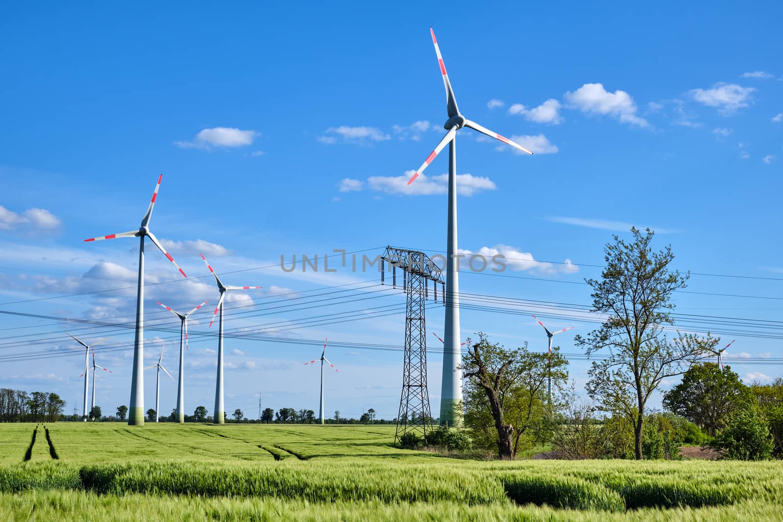 Overhead power lines and wind engines on a sunny day seen in Germany