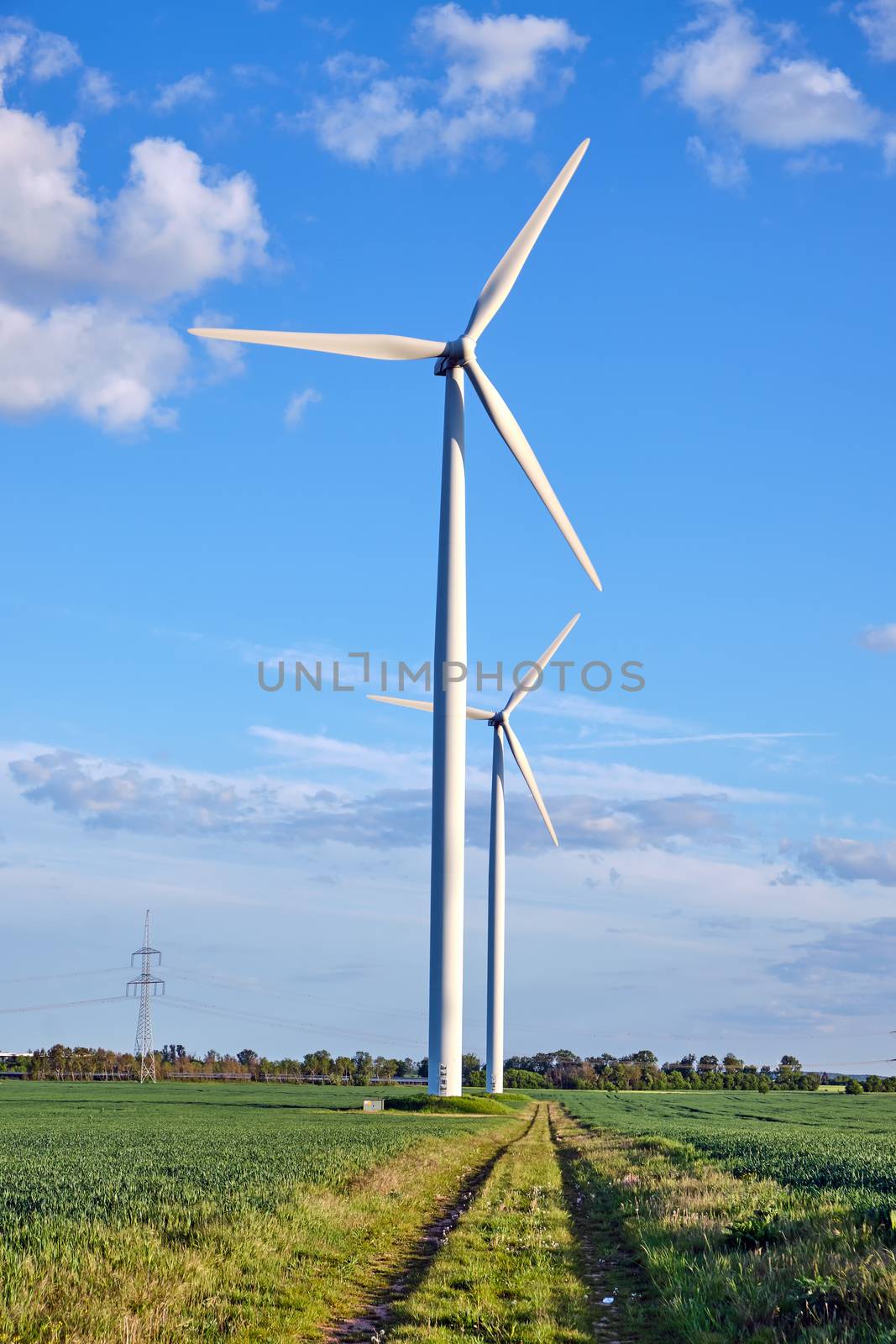 Wind turbines and green fields seen in Germany