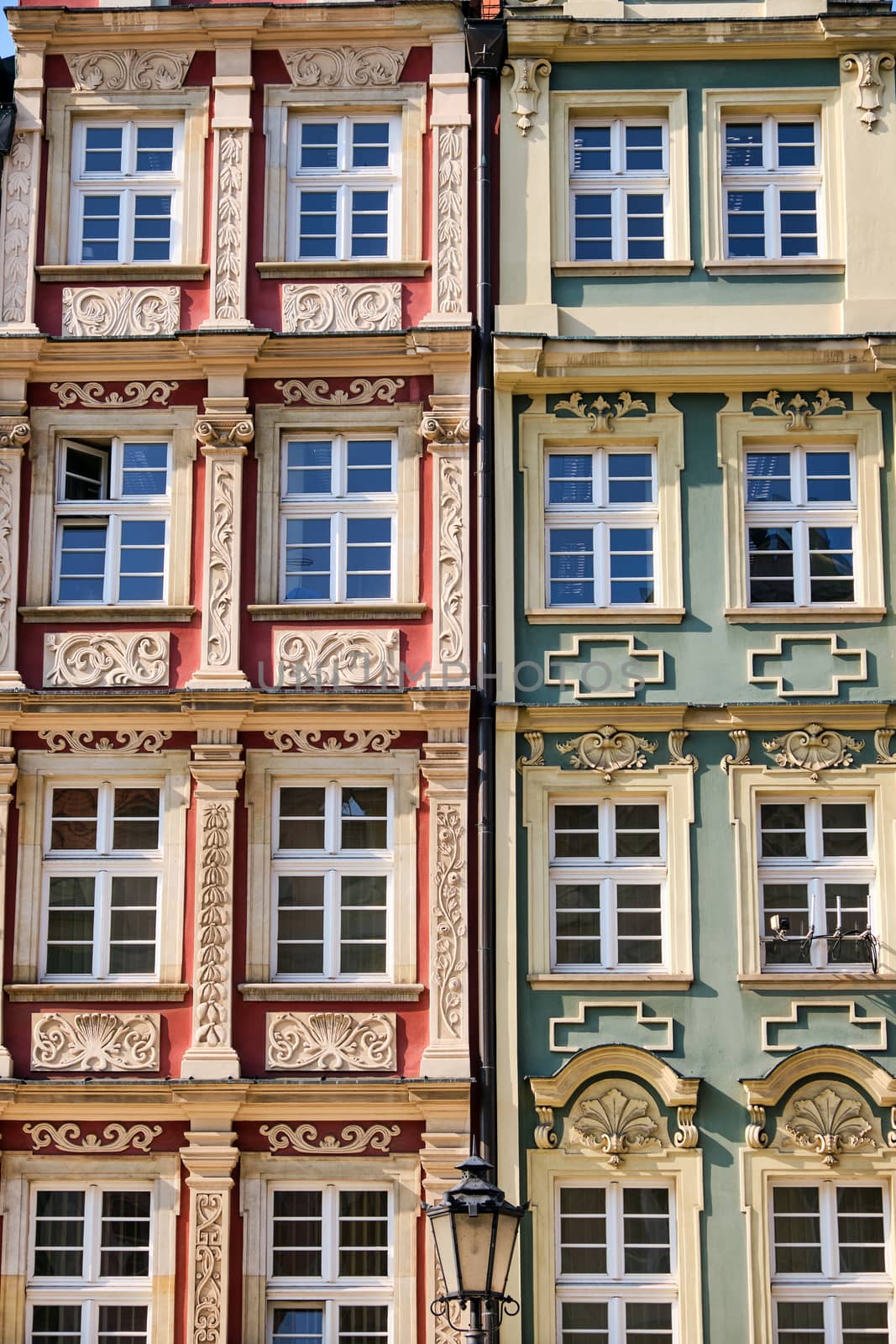 Detail of a colorful house facade seen on the main square in Wroclaw, Poland