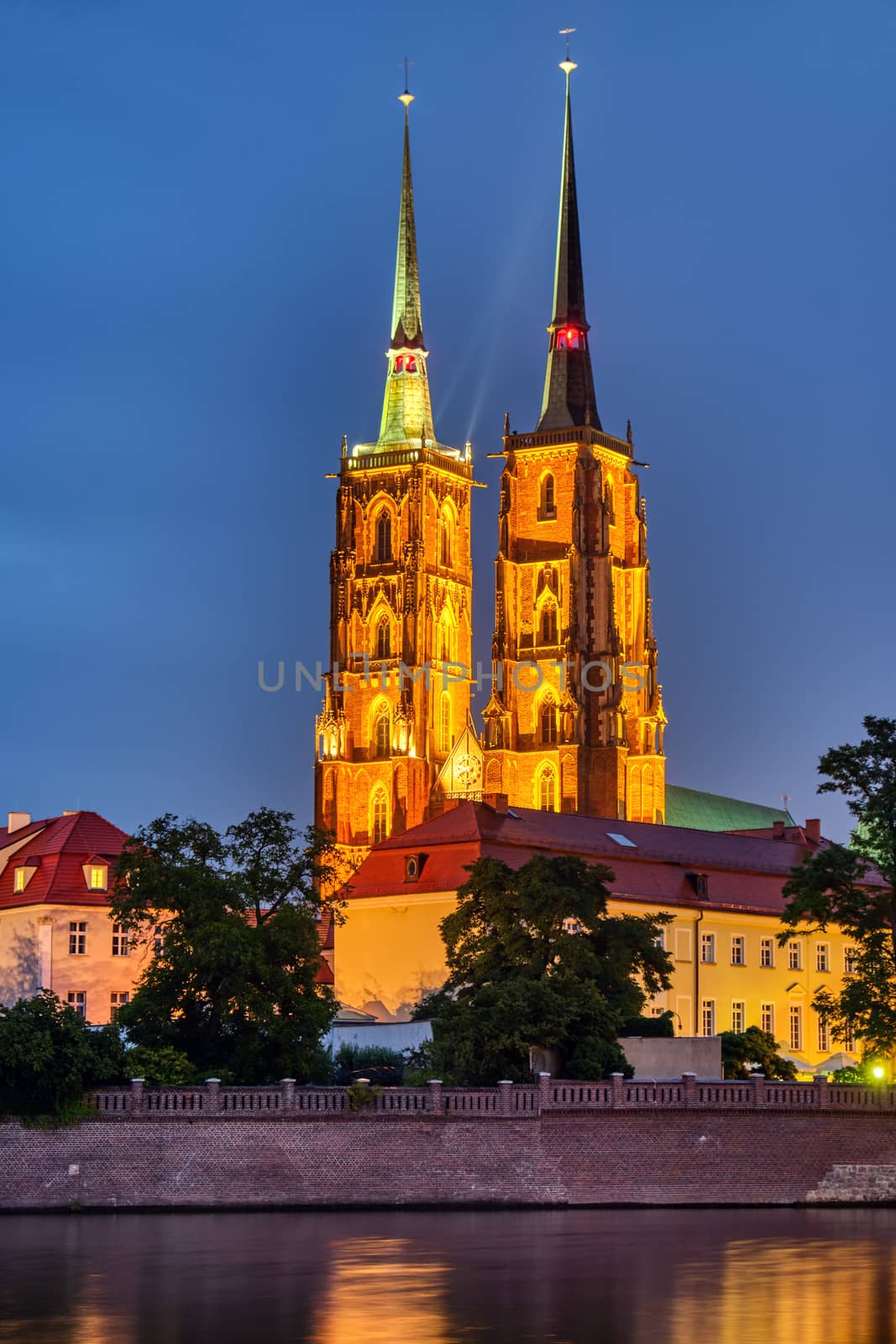 The Cathedral of St. John the Baptist in Wroclaw, Poland, at night