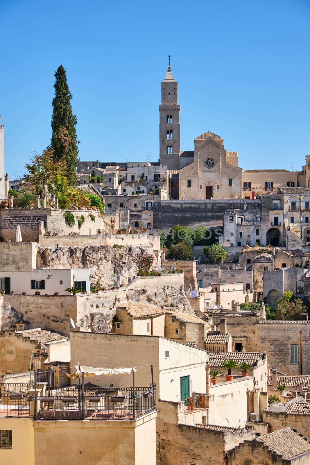 The old town of Matera in Italy with the cathedral in the back