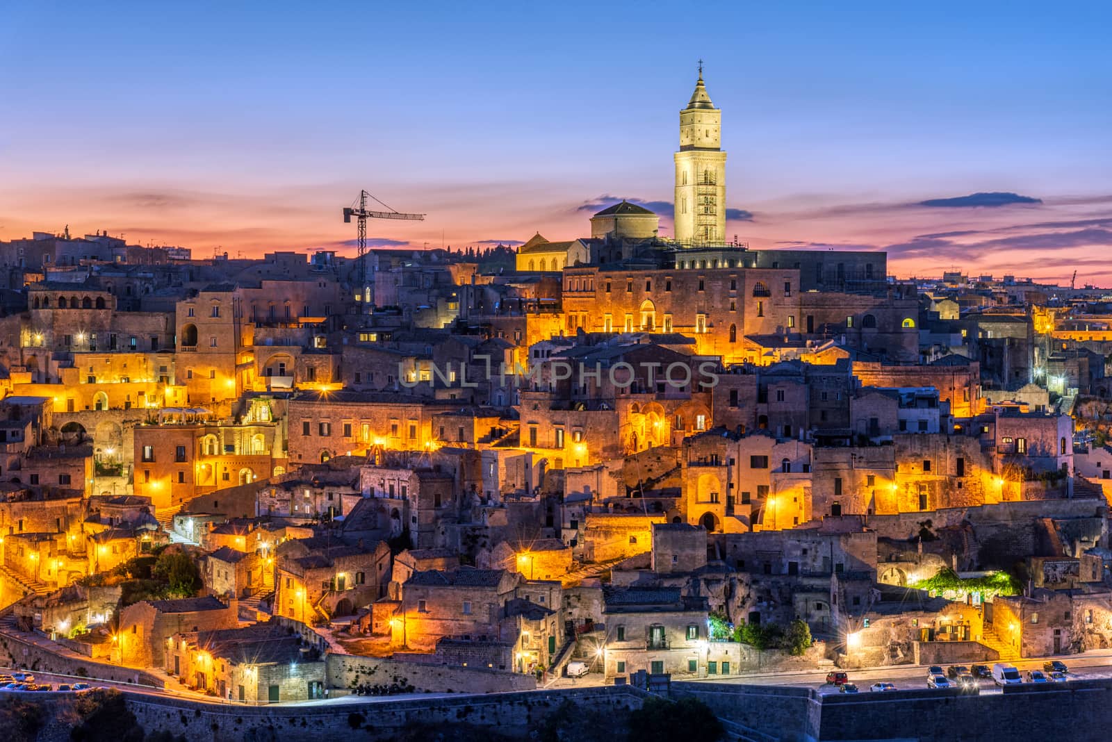 The old town of Matera in southern Italy after sunset