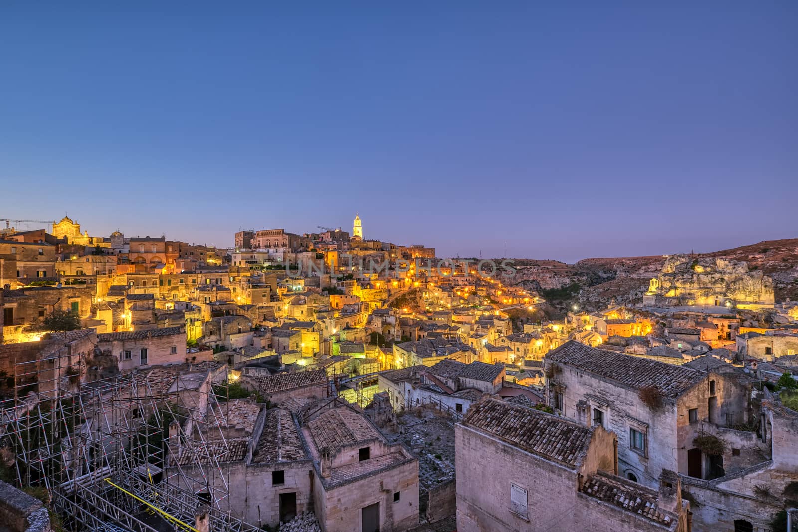 The old town of Matera in southern Italy at dusk