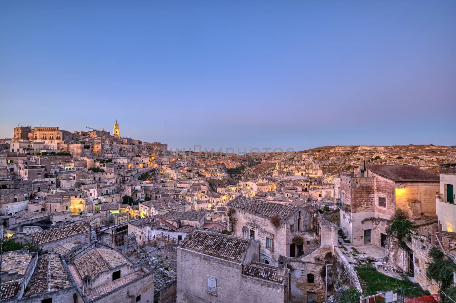 The old town of Matera in southern Italy at dusk