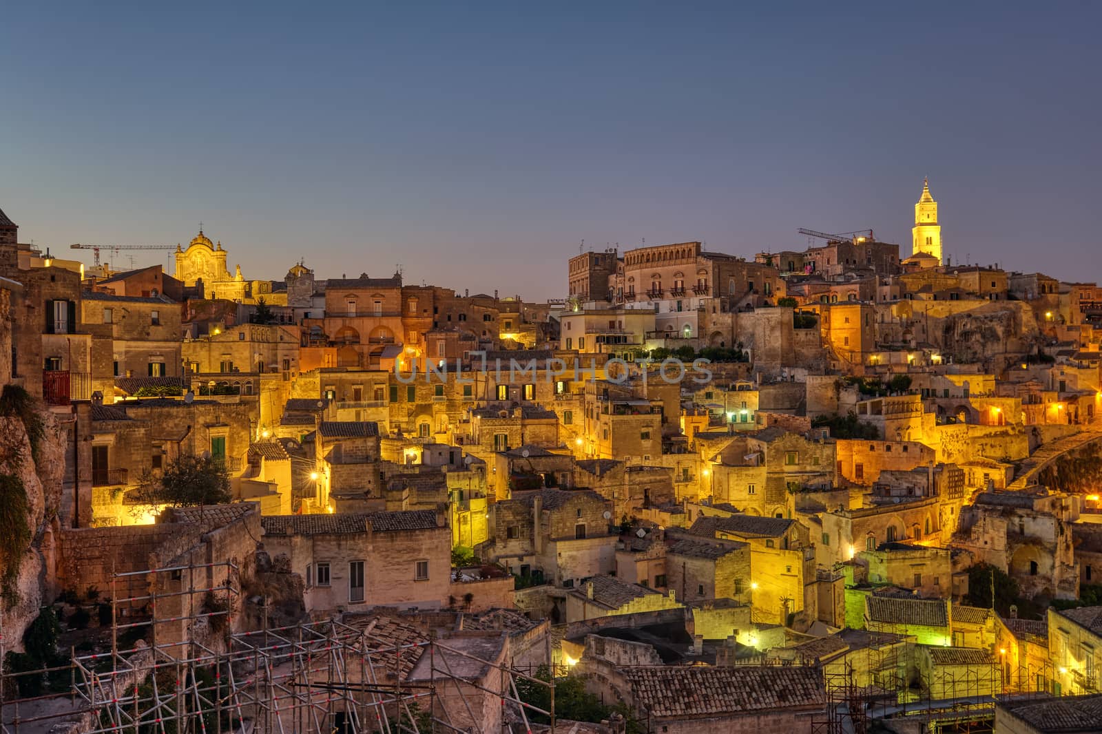 The historic old town of Matera in southern Italy at night