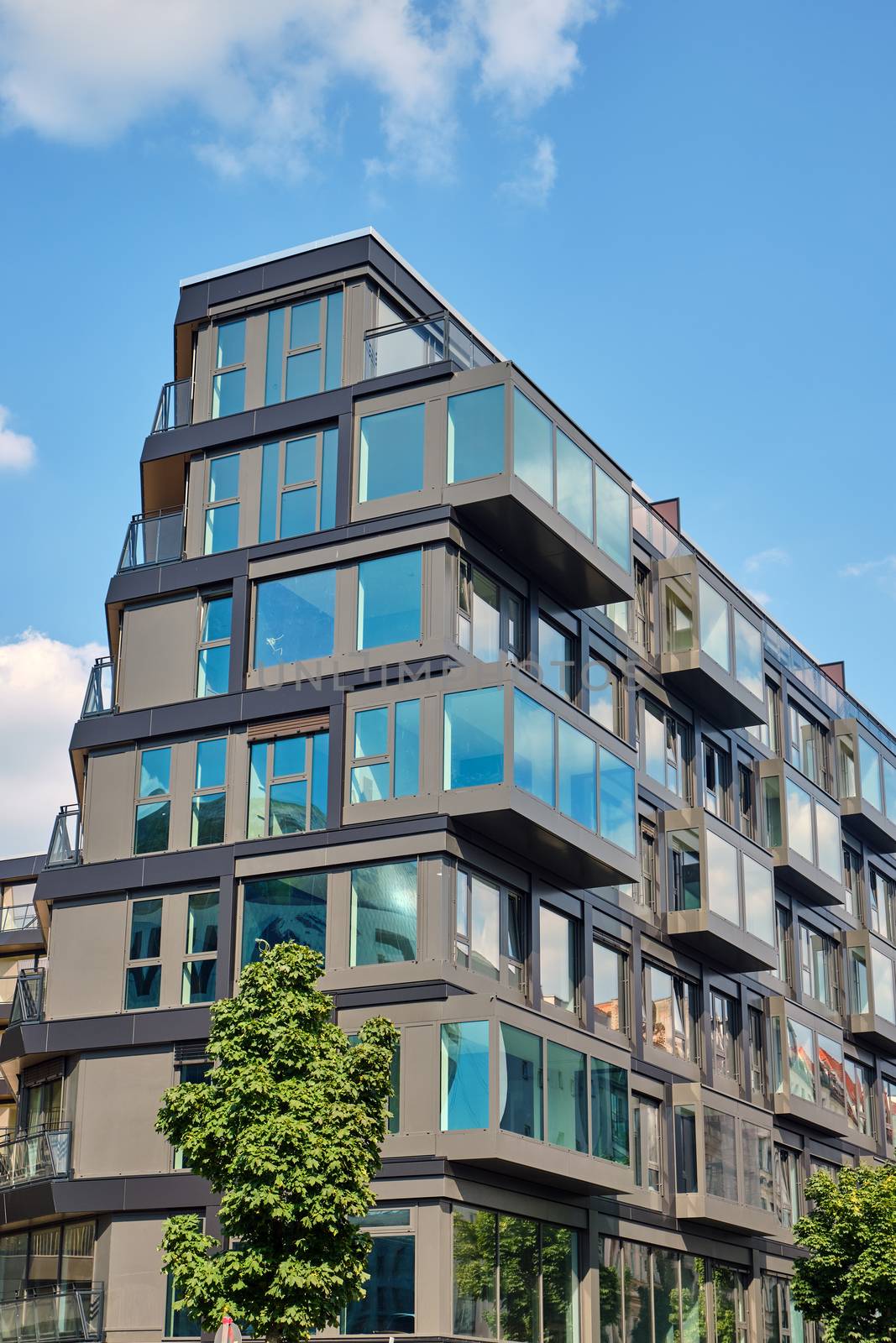 Comtemporary grey apartment house seen in Berlin, Germany