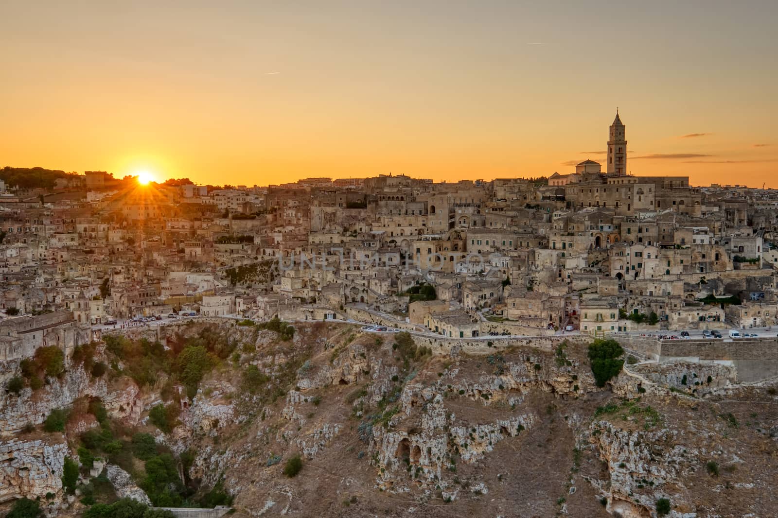 View of the beautiful old town of Matera in southern Italy at sunset