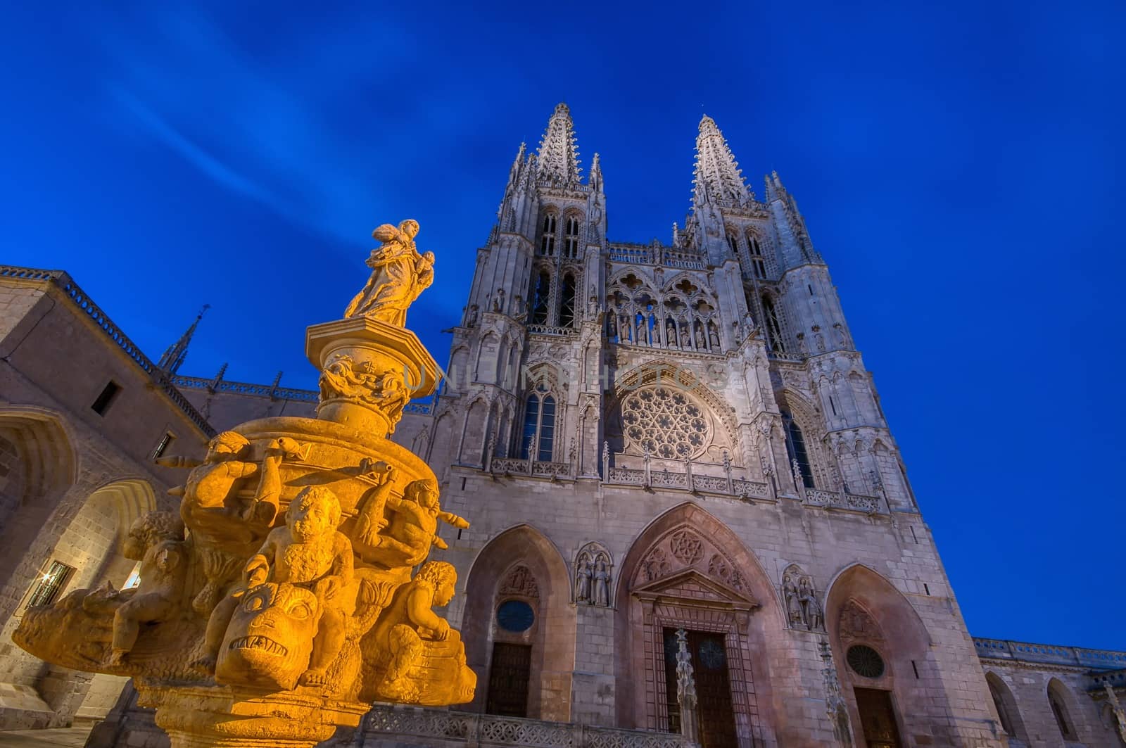 Night view of Burgos Cathedral in Spain.