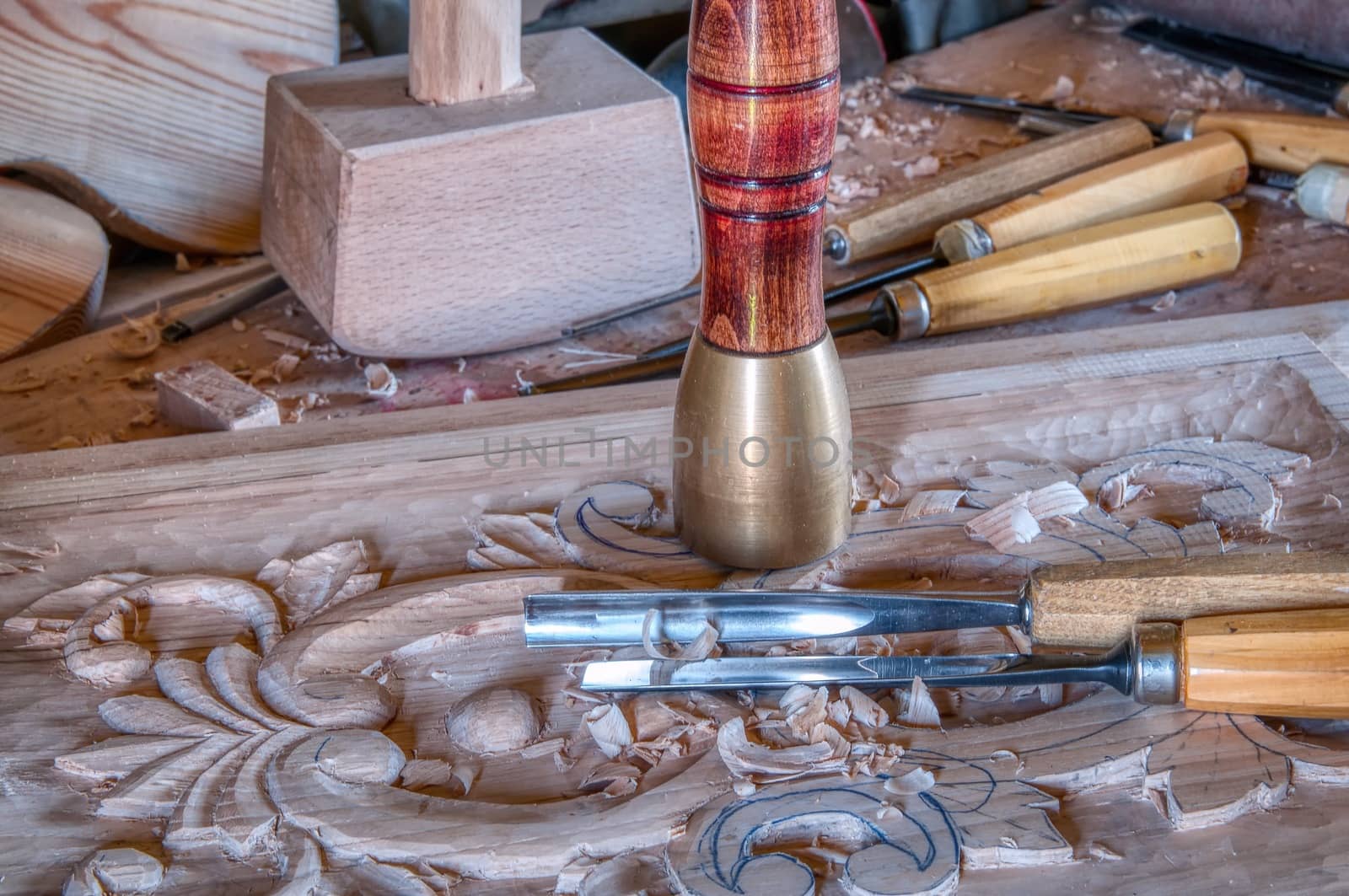 Carpenter tools on a work bench carpentry.