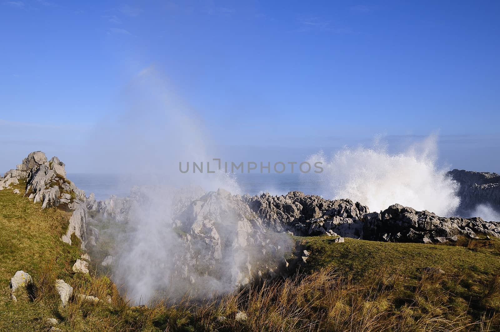 Waves crashing against the cliffs of Bufones of Pria on January 18, 2018 in Llanes, Spain.