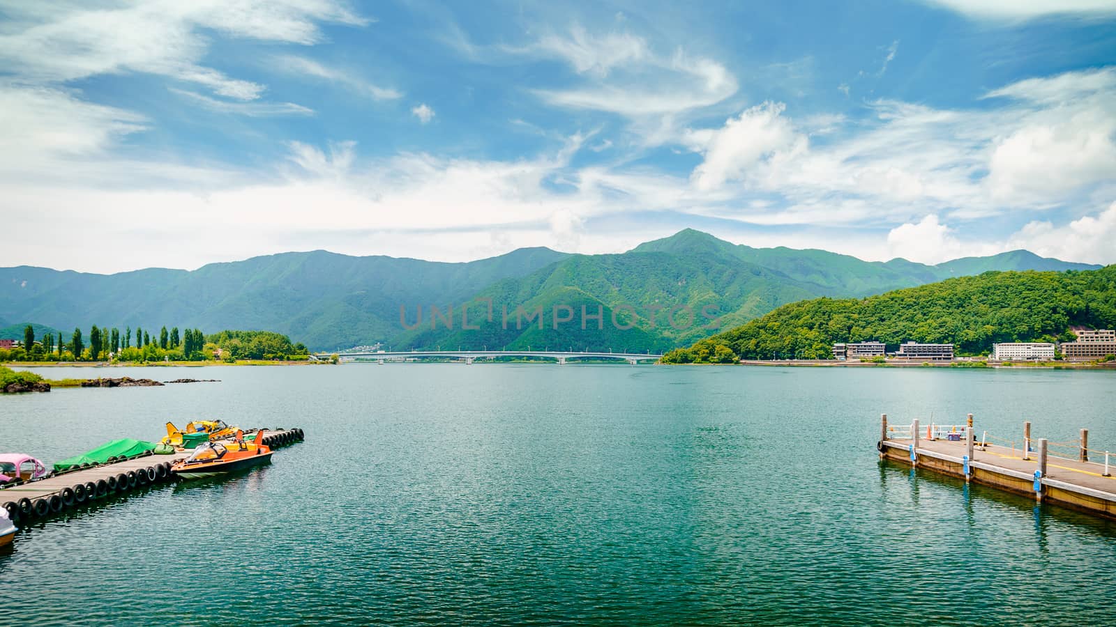Scene of Kawaguchi lake and mountain in Japan.
