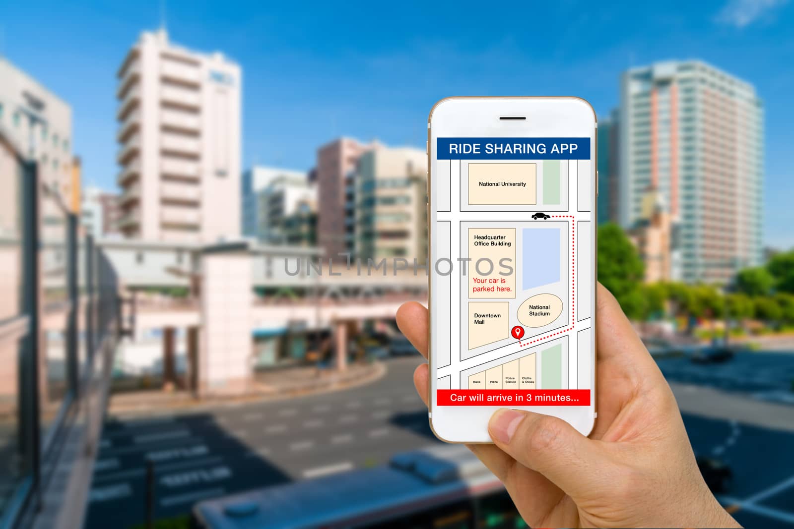 Concept of ride sharing service application used to calling car or vehicle from smartphone.