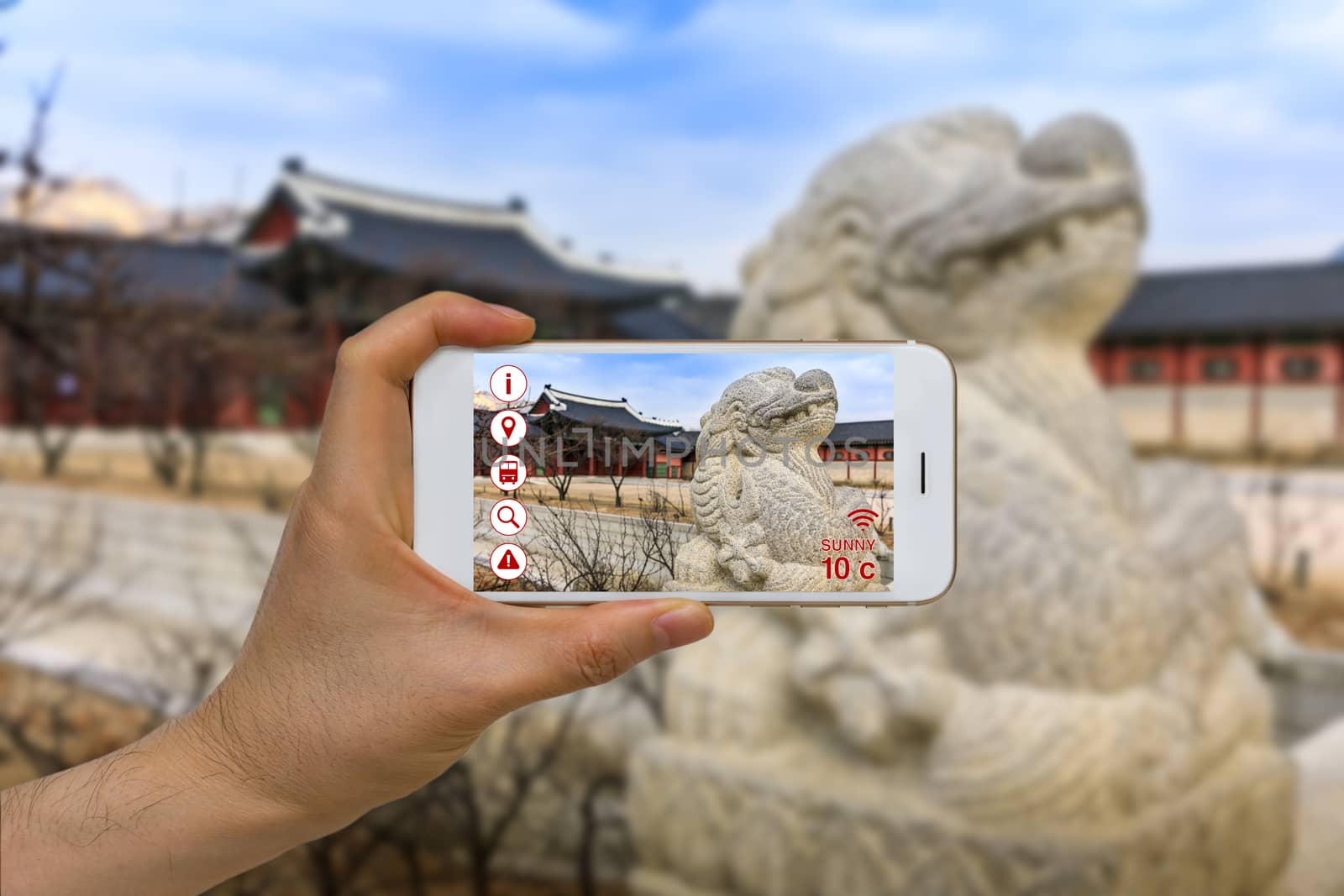Concept of traveling and tourism business using application of artificial intelligence, AI, and augmented reality, AR.
