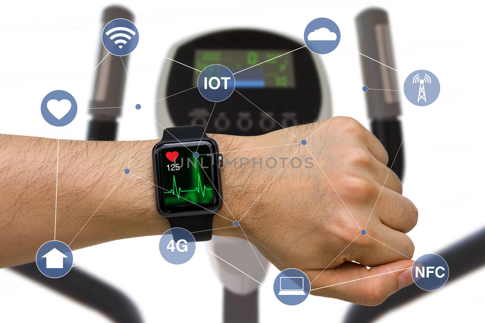 Concept of smart watch monitoring heart rate application while exercising with elliptical machine.