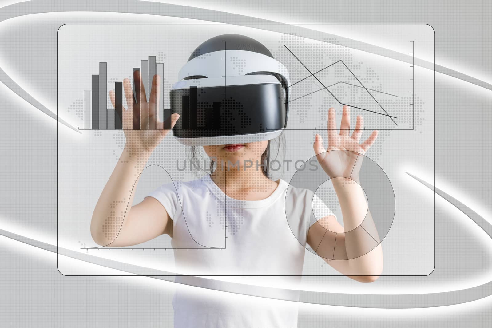 Concept of VR or virtual reality for digital information illustrated by Asian child wearing VR headset.