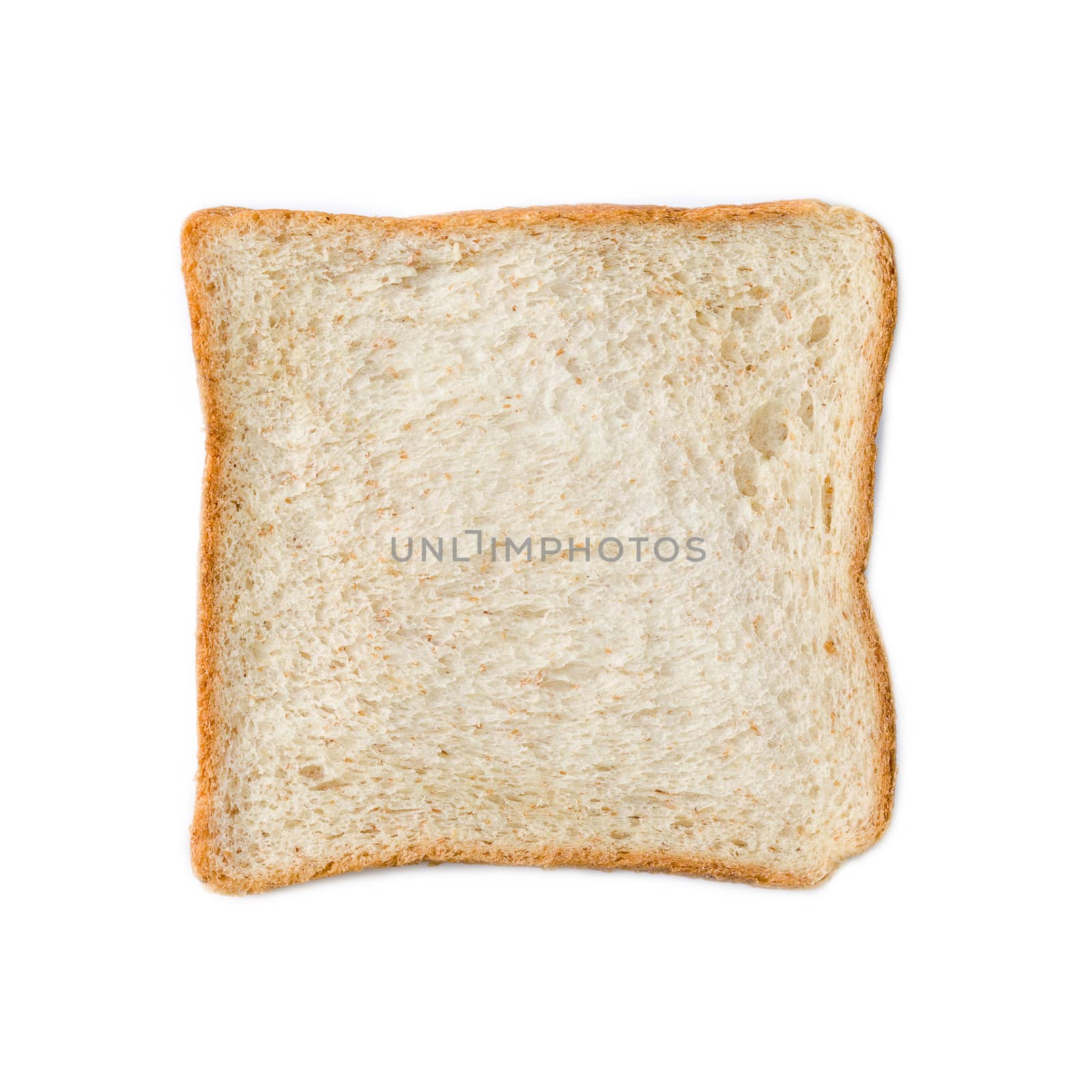 Slice of whole wheat bread, studio shot isolated on white background.
