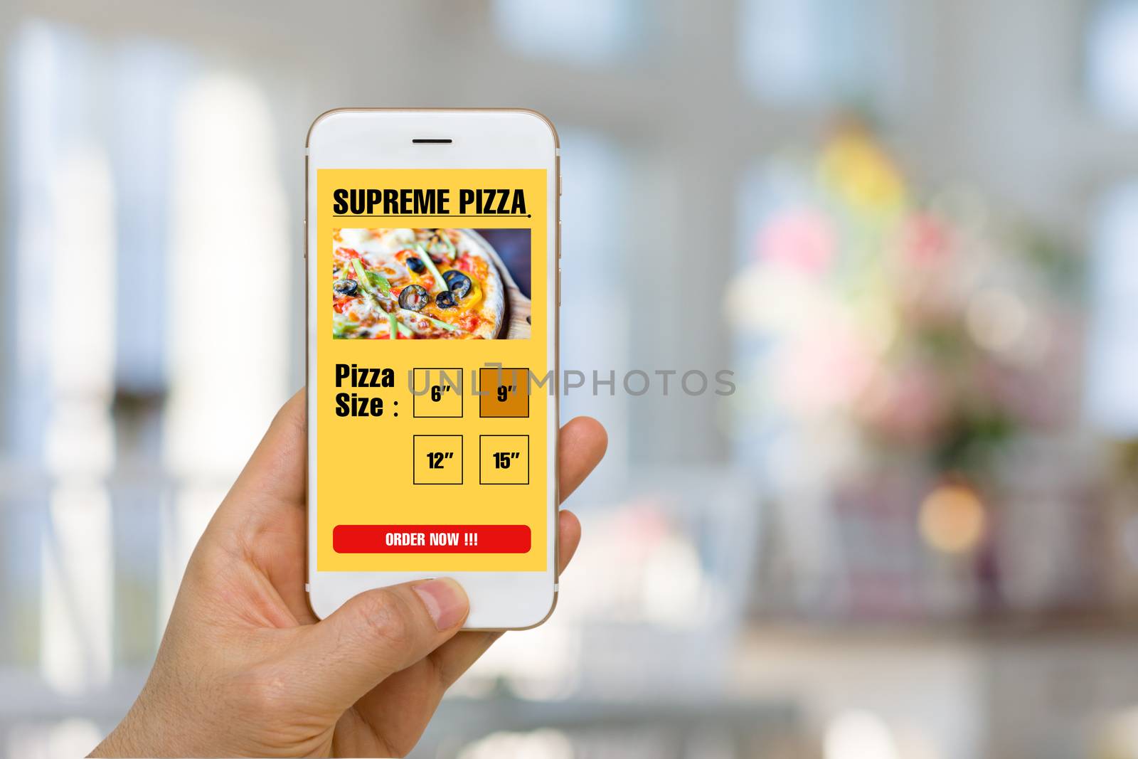 Concept of fast food, pizza, ordering illustrated by smartphone app in online mobility era.