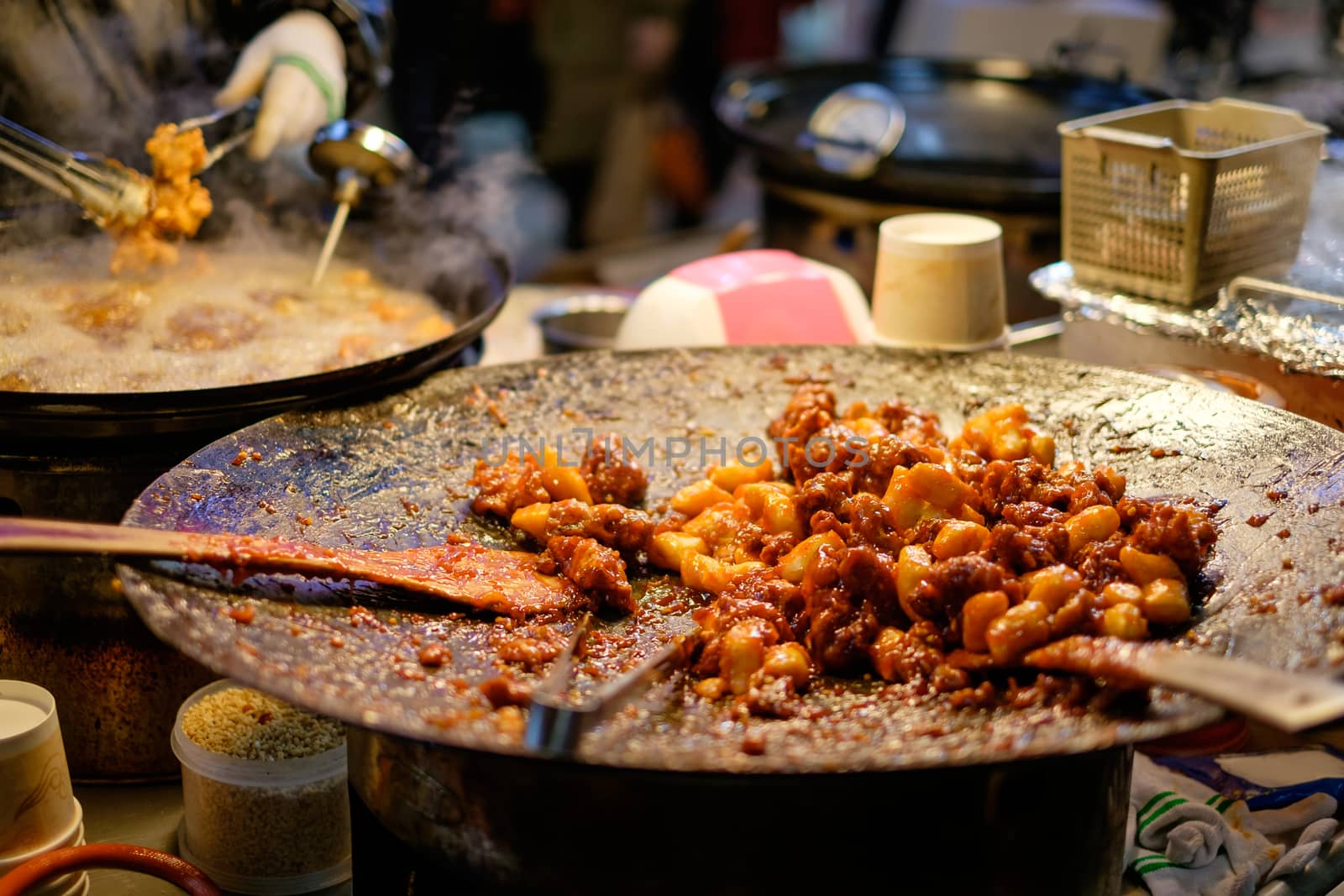 Korean style fried chicken with spicy sauce.