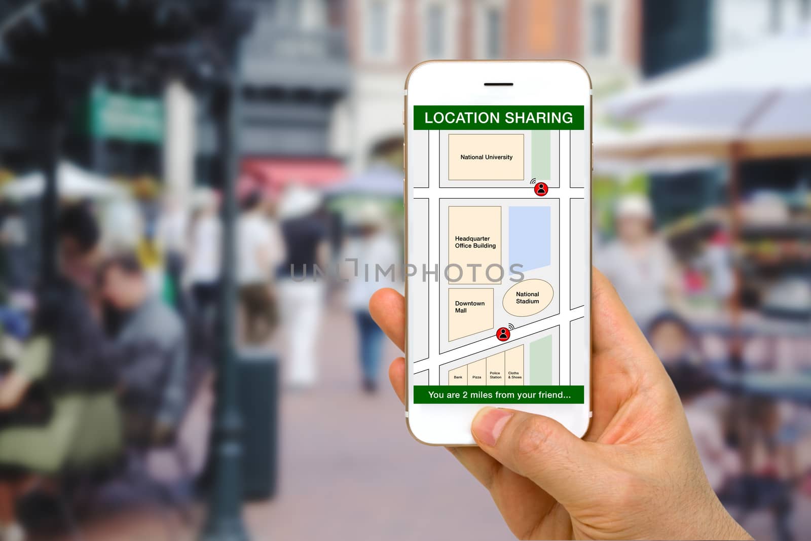 Smartphone screen showing location sharing app concept.