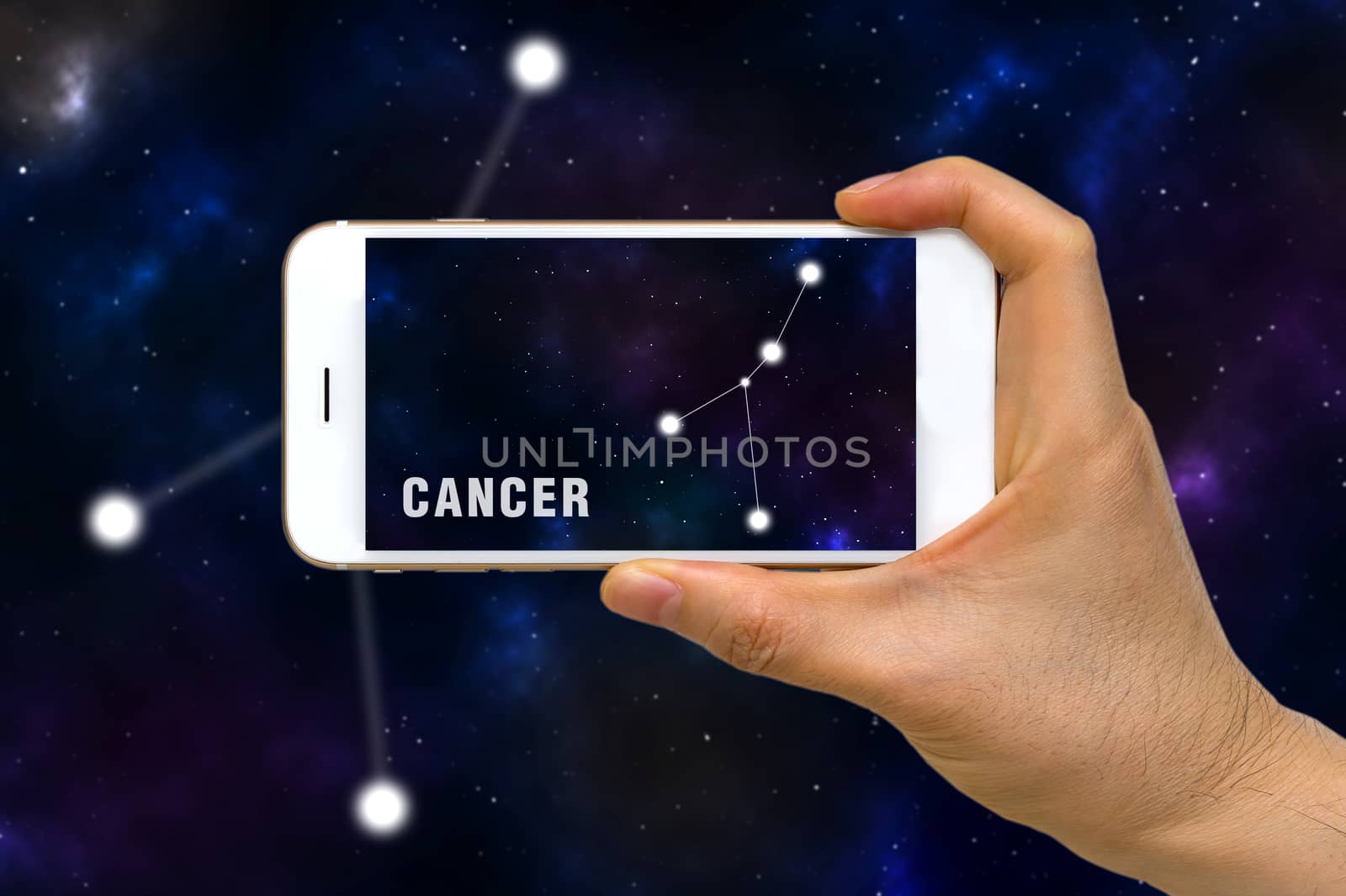 Concept of augmented reality, AR, of Cancer zodiac constellation app on smartphone.
